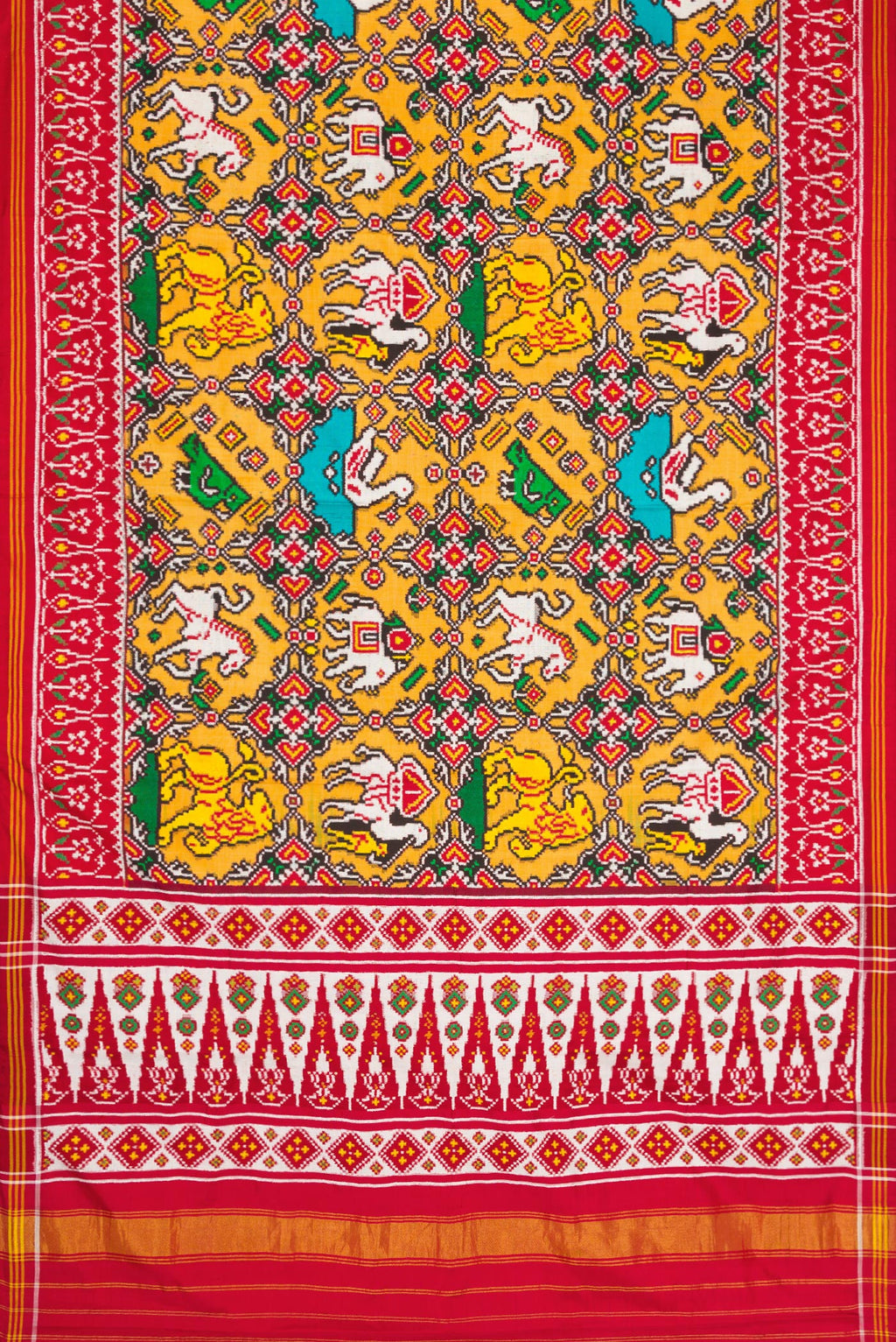 Flat view of Mustard Dual Tone Double Ikat Saree with Ikat Print on the body and Ikat Border. 