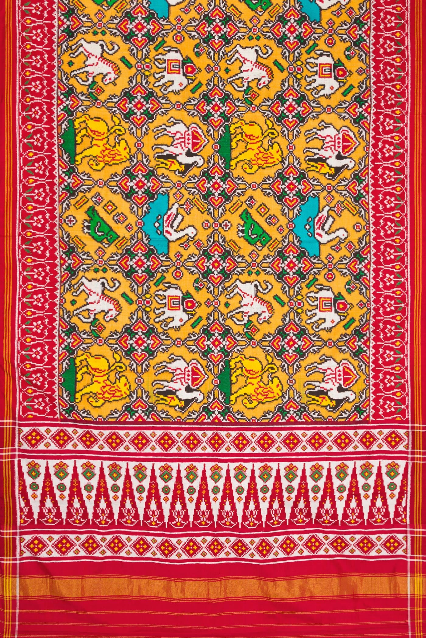 Flat view of Mustard Dual Tone Double Ikat Saree with Ikat Print on the body and Ikat Border. 