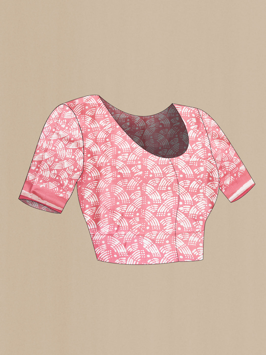 Close up image of the blouse of Pink Dual Tone Tussar Silk Saree with Printed design on the body and Printed Border. 