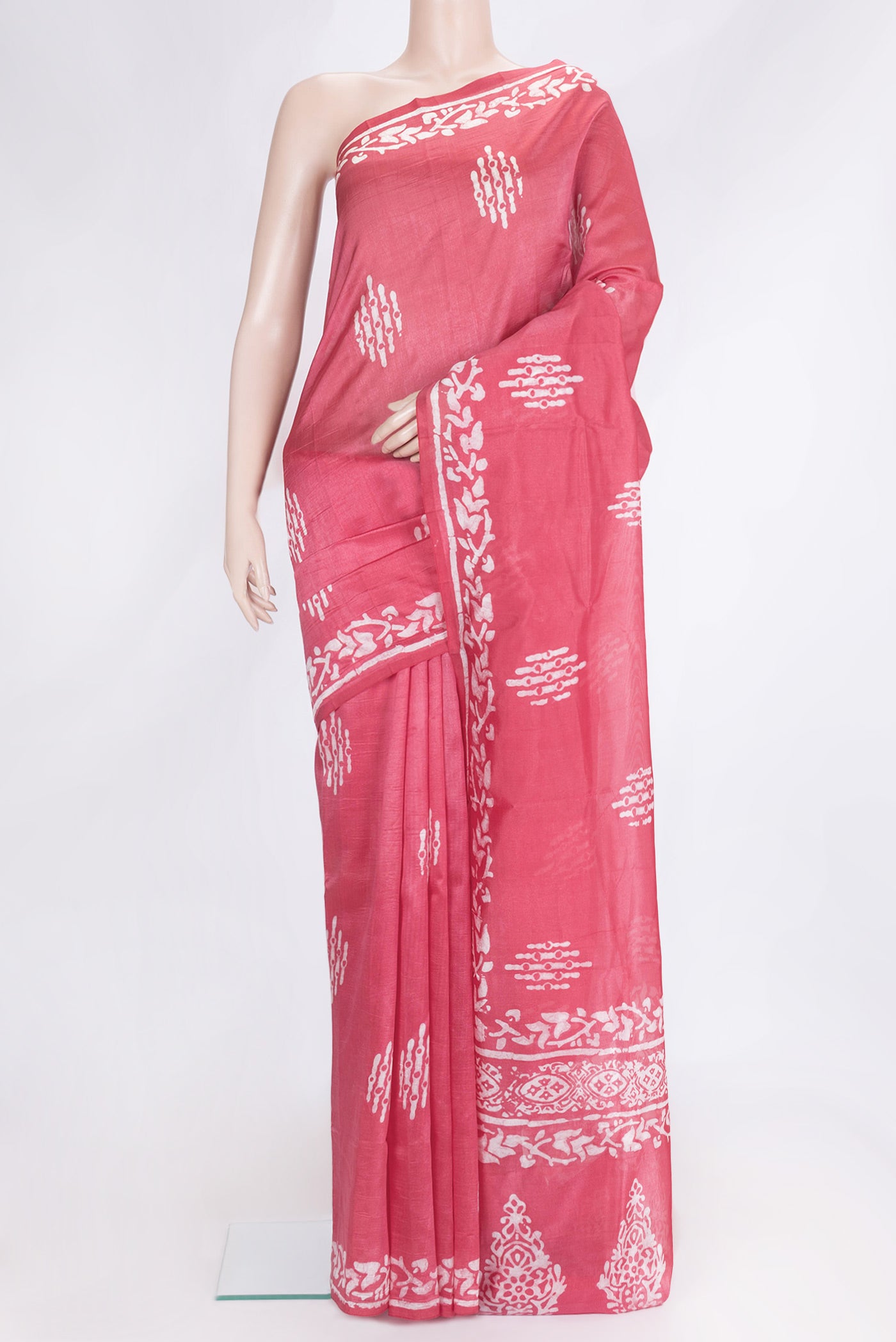Pink Dual Tone Tussar Silk Saree with Printed design on the body and Printed Border.  displayed on a mannequin