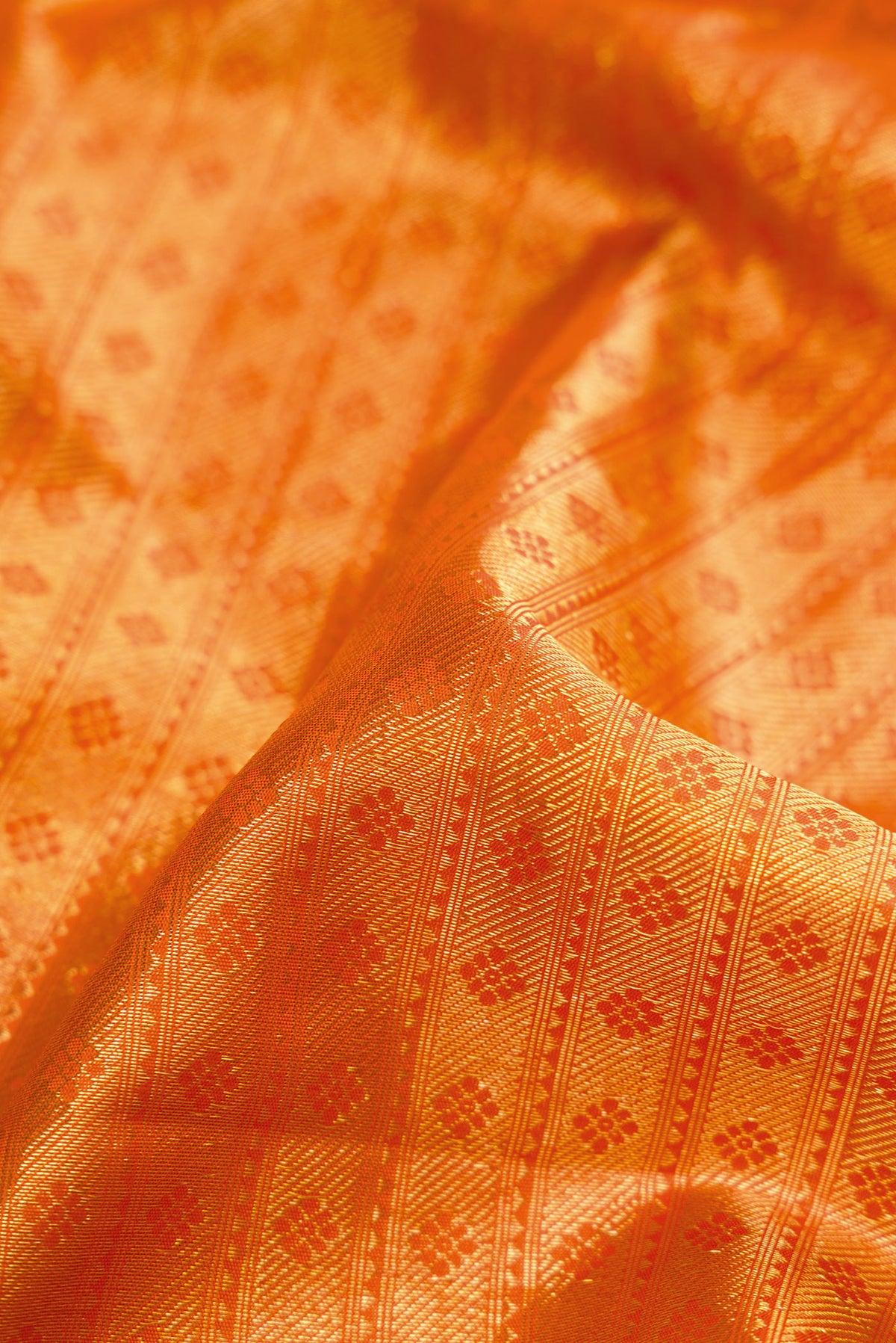 Close up of Orange Kanjivaram Silk Saree with Zari Brocade on the body and Zari Border.  displaying folds