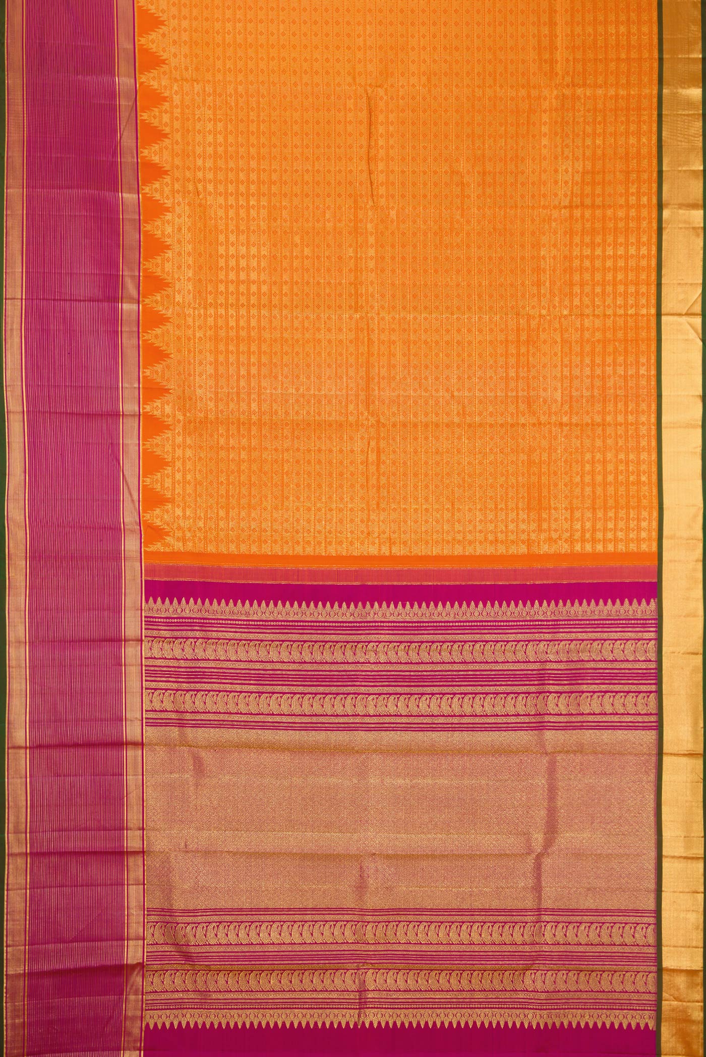 Flat view of Orange Kanjivaram Silk Saree with Zari Brocade on the body and Zari Border. 