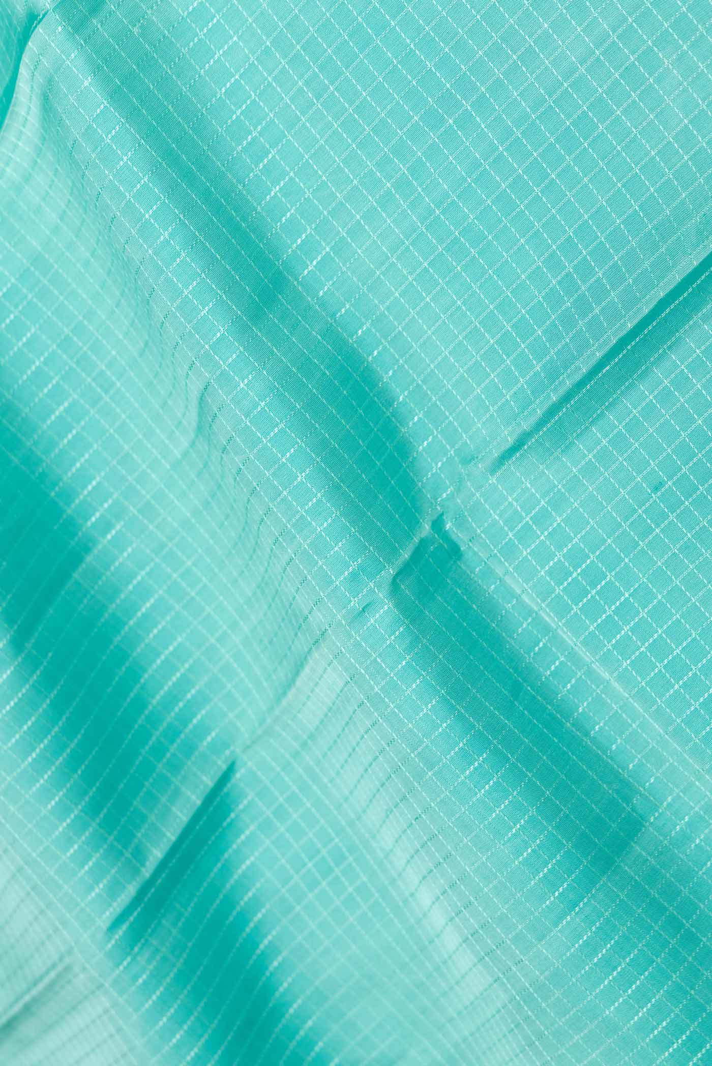 Close up of Sea Green Dual Tone Kanchipuram Saree with Checked design on the body and Zari Border displaying folds
