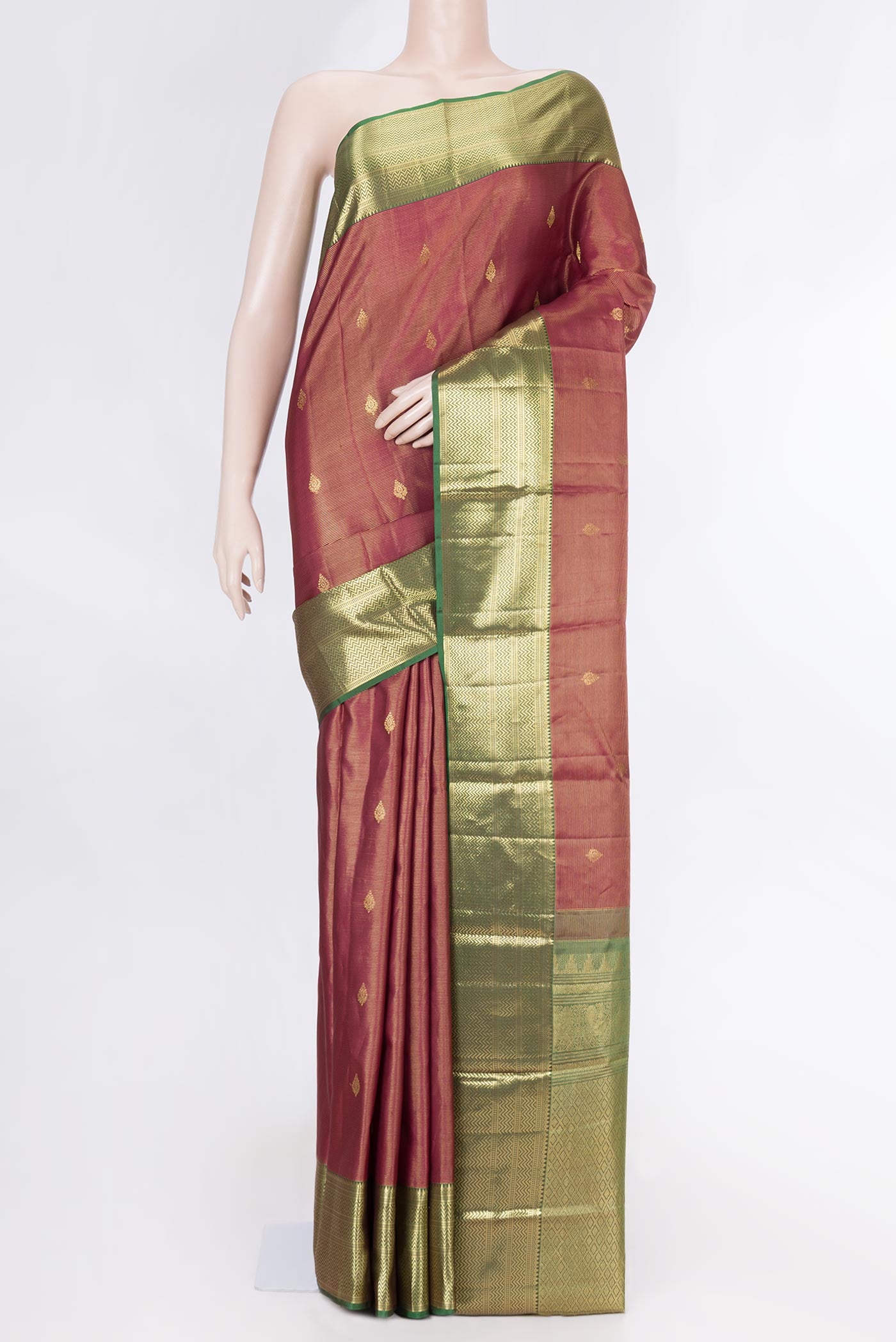 Maroon Dual Tone Kanchipuram Saree with Stripes on the body and Zari Border displayed on a mannequin