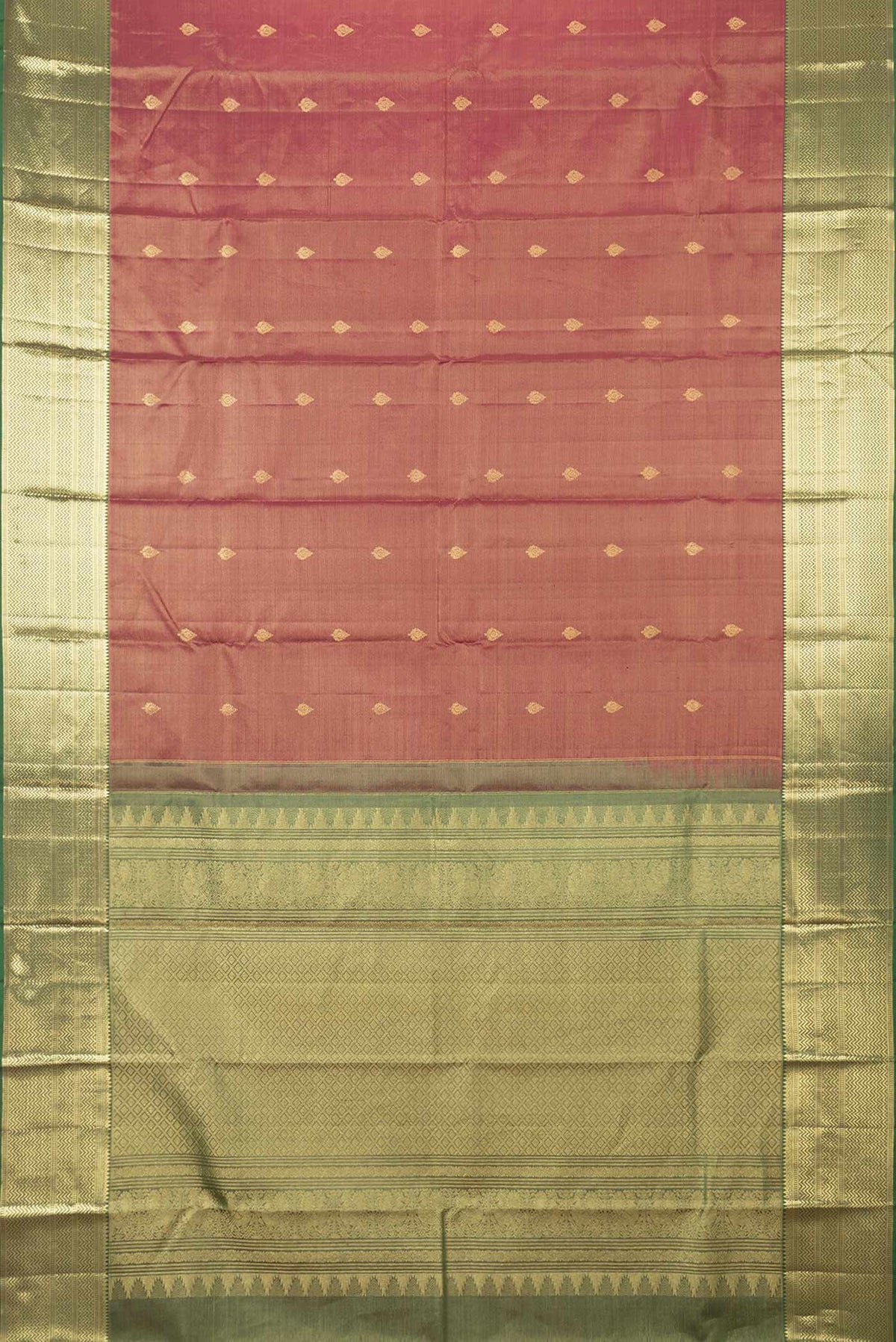 Flat view of Maroon Dual Tone Kanchipuram Saree with Stripes on the body and Zari Border