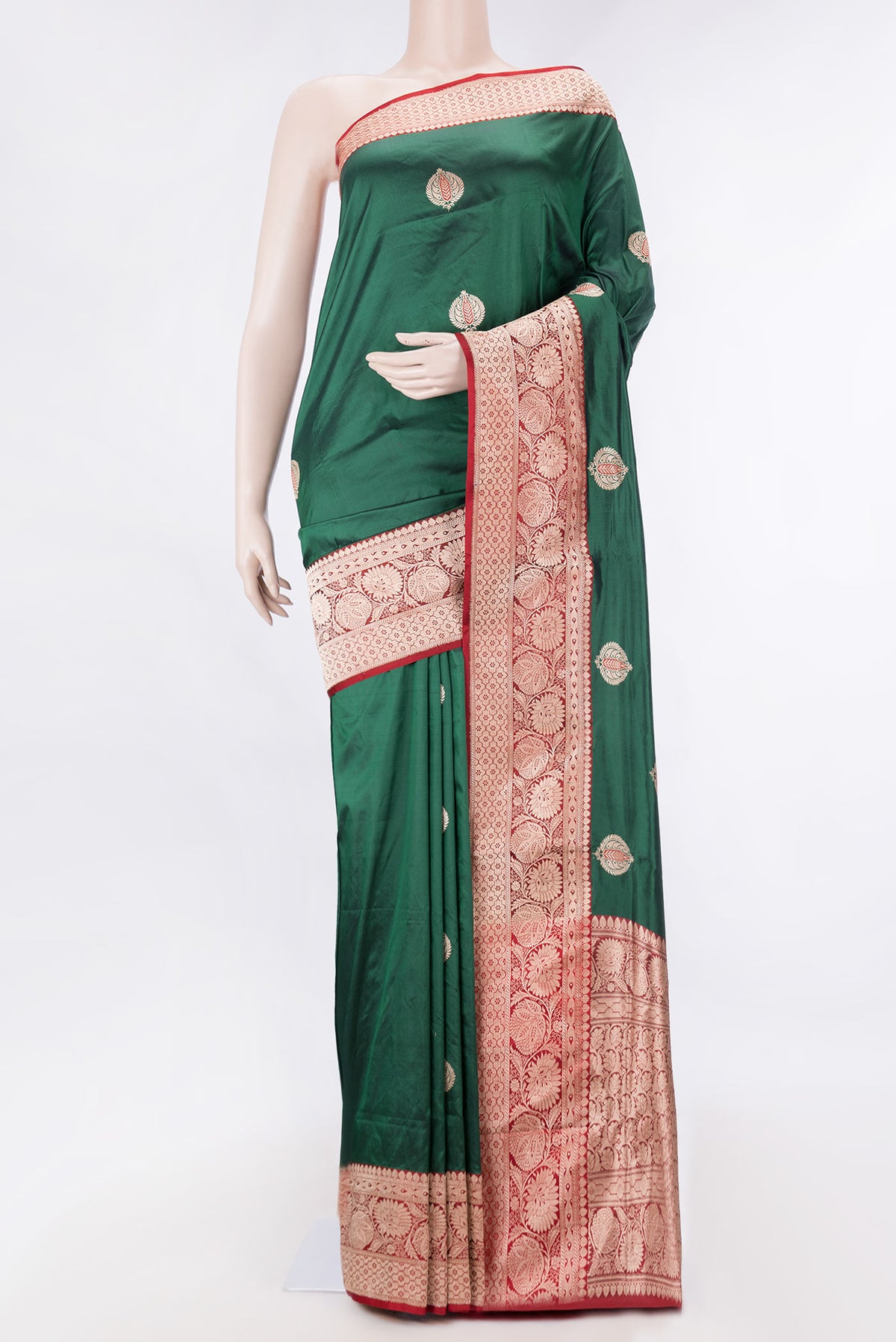 Bottle Green Dual Tone Banarasi Silk Saree with Zari And Thread Butta on the body and Zari Border displayed on a mannequin