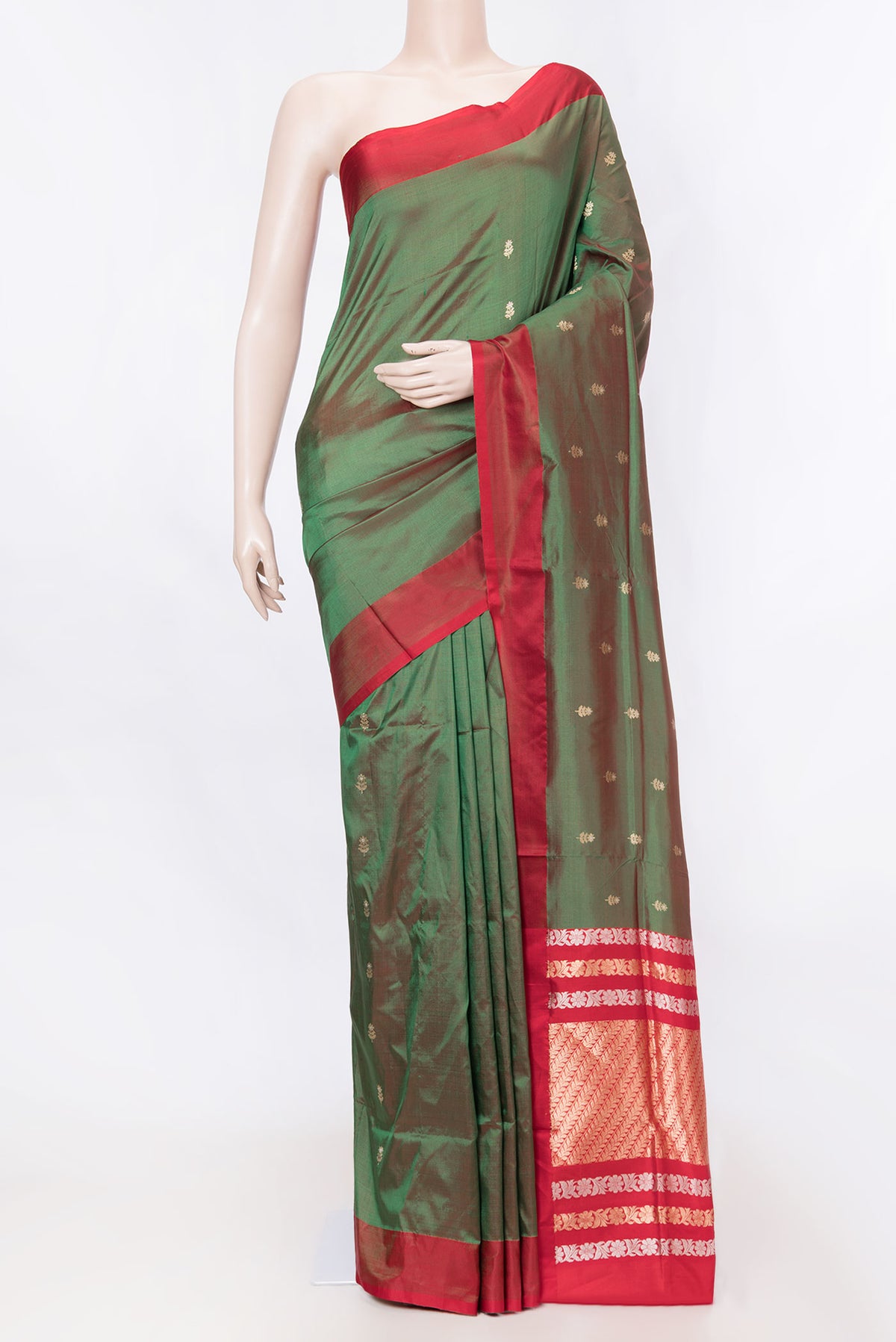 Green Dual Tone Banarasi Silk Saree with Zari Butta on the body and Plain Border displayed on a mannequin