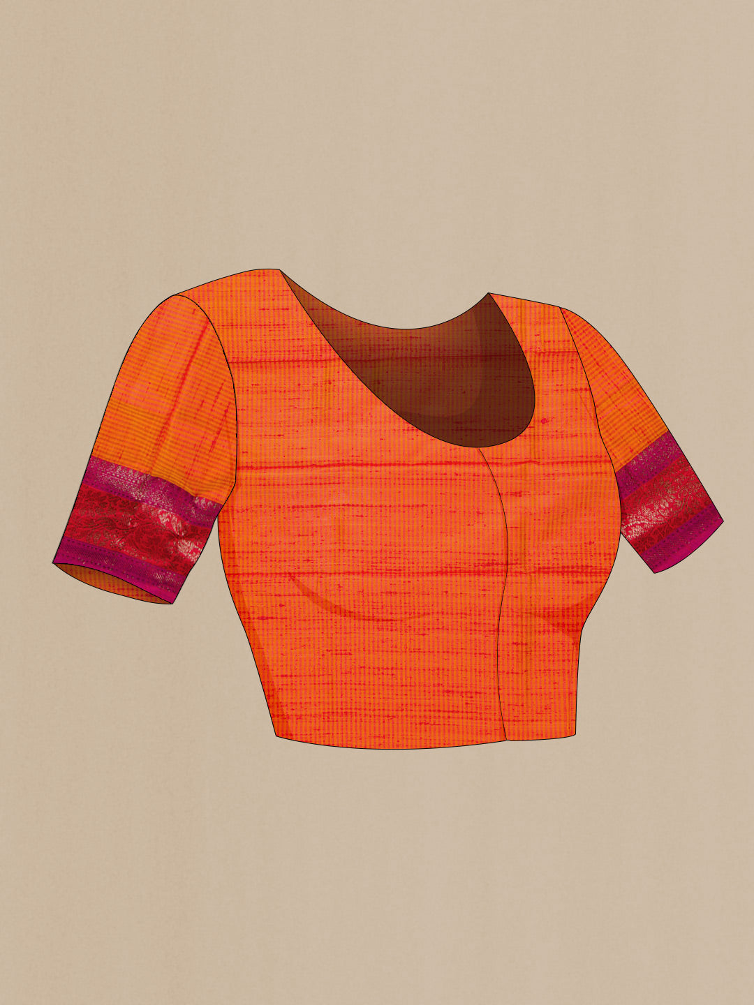 Close up image of the blouse of Orange Banarasi Tussar Silk Saree with Zari Butta on the body and Zari Border