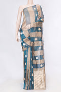Peacock Blue Dual Tone Organza Silk Saree with Stripes on the body and Without Border displayed on a mannequin