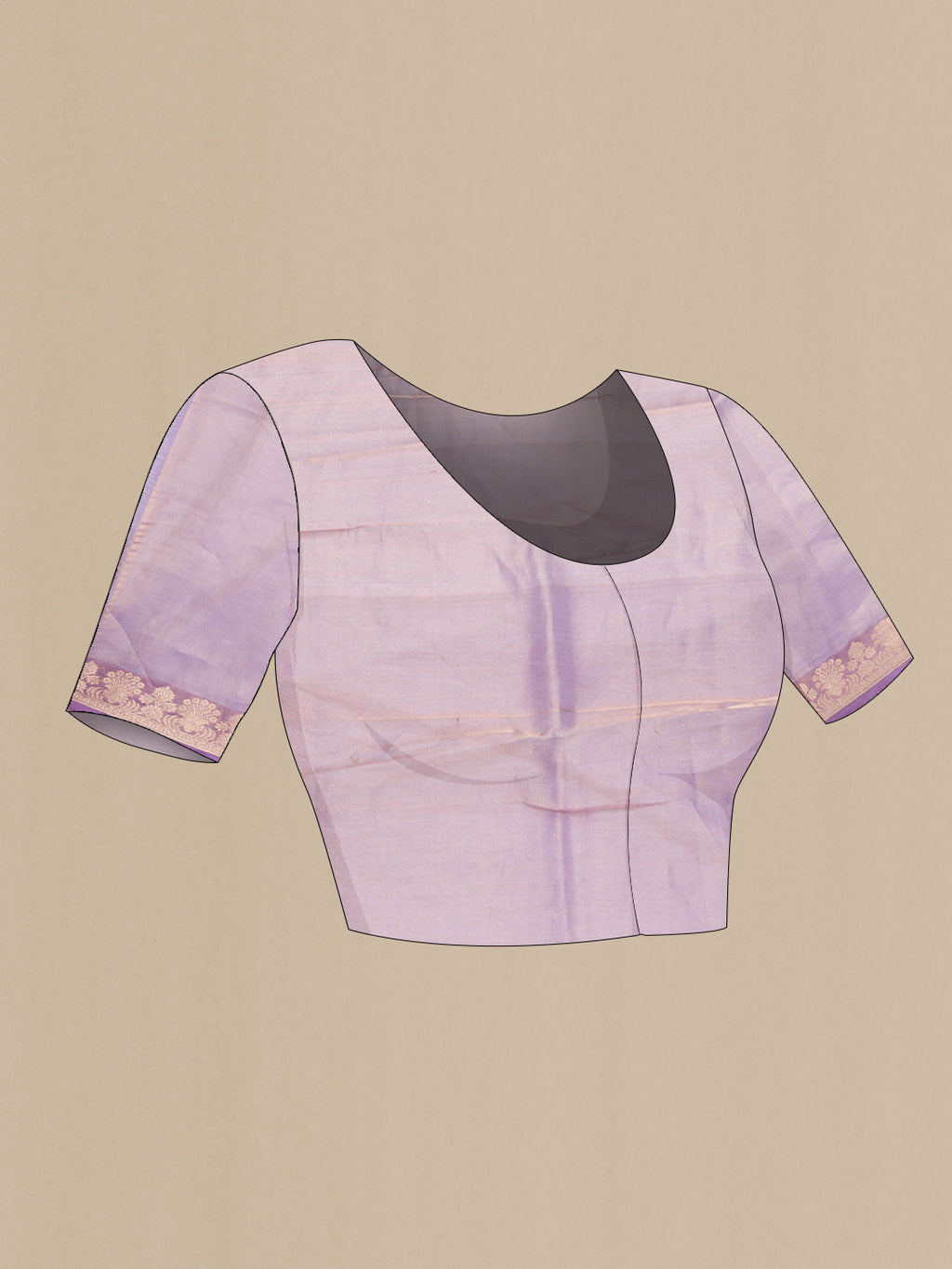 Close up image of the blouse of Lavender Dual Tone Organza Silk Saree with Zari Butta on the body and Zari Border. 