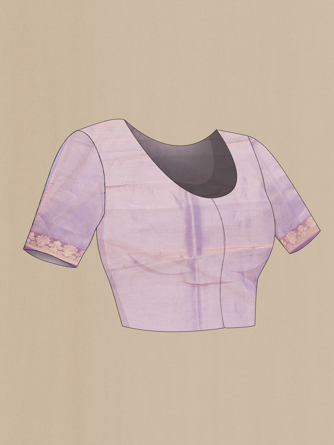 Close up image of the blouse of Lavender Dual Tone Organza Silk Saree with Zari Butta on the body and Zari Border. 