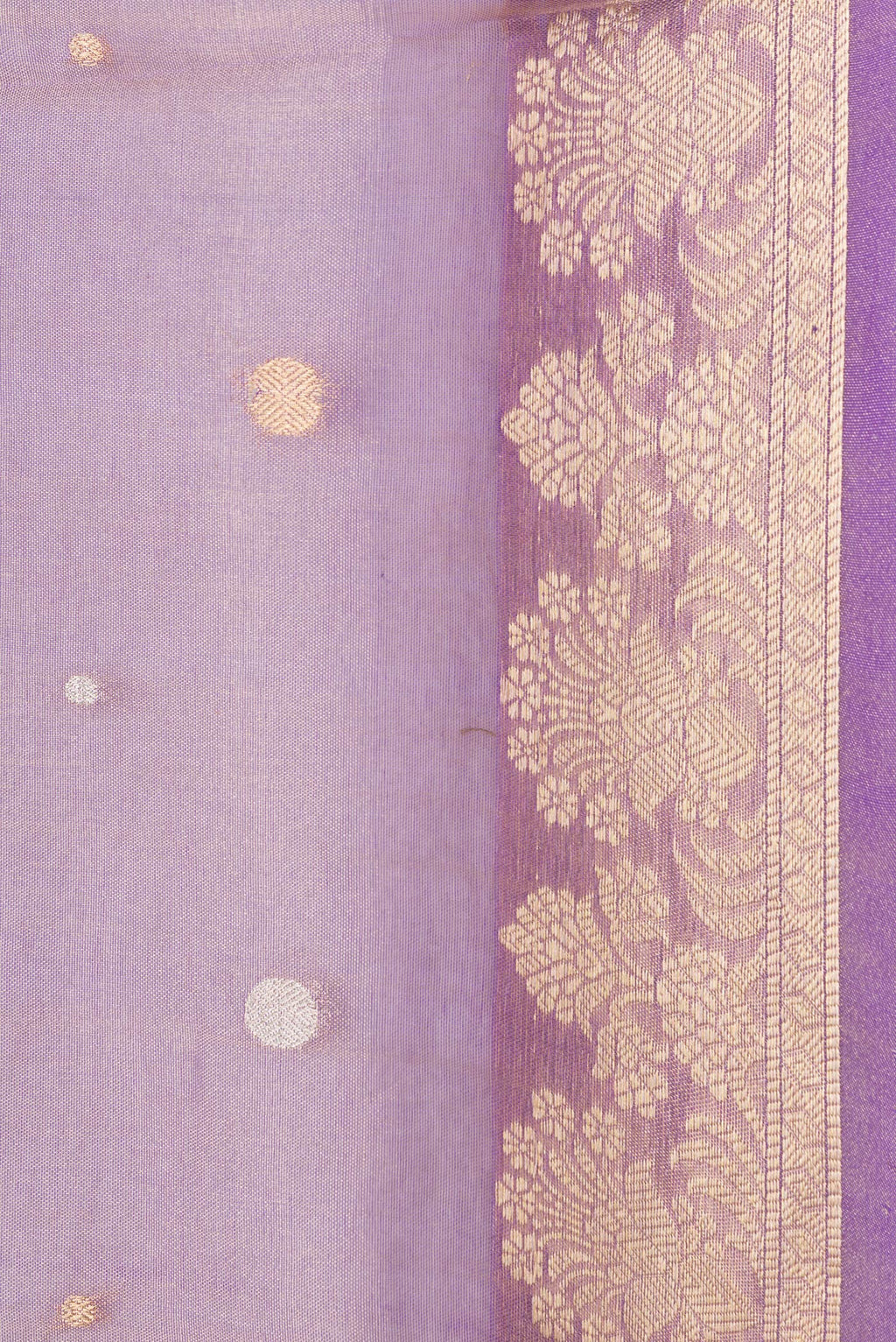 Border image of Lavender Dual Tone Organza Silk Saree with Zari Butta on the body and Zari Border. 