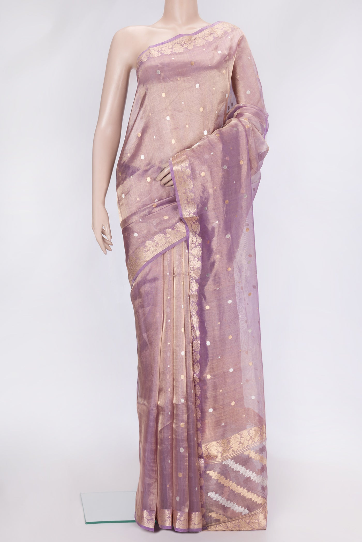 Lavender Dual Tone Organza Silk Saree with Zari Butta on the body and Zari Border.  displayed on a mannequin
