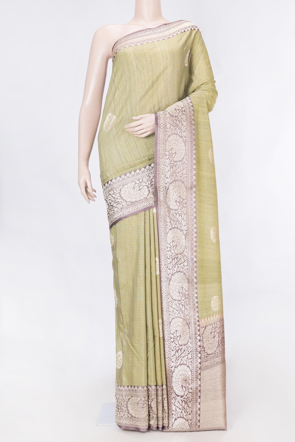 Pista Green Dual Tone Banarasi Silk Saree with Zari Butta on the body and Zari Border displayed on a mannequin