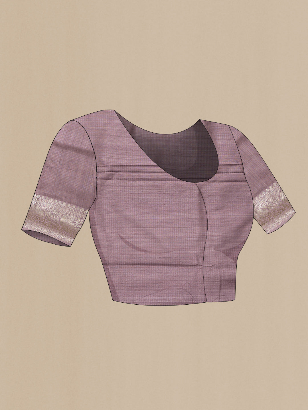 Close up image of the blouse of Sandal Dual Tone Raw Silk Saree with Zari Butta on the body and Thread Border. 