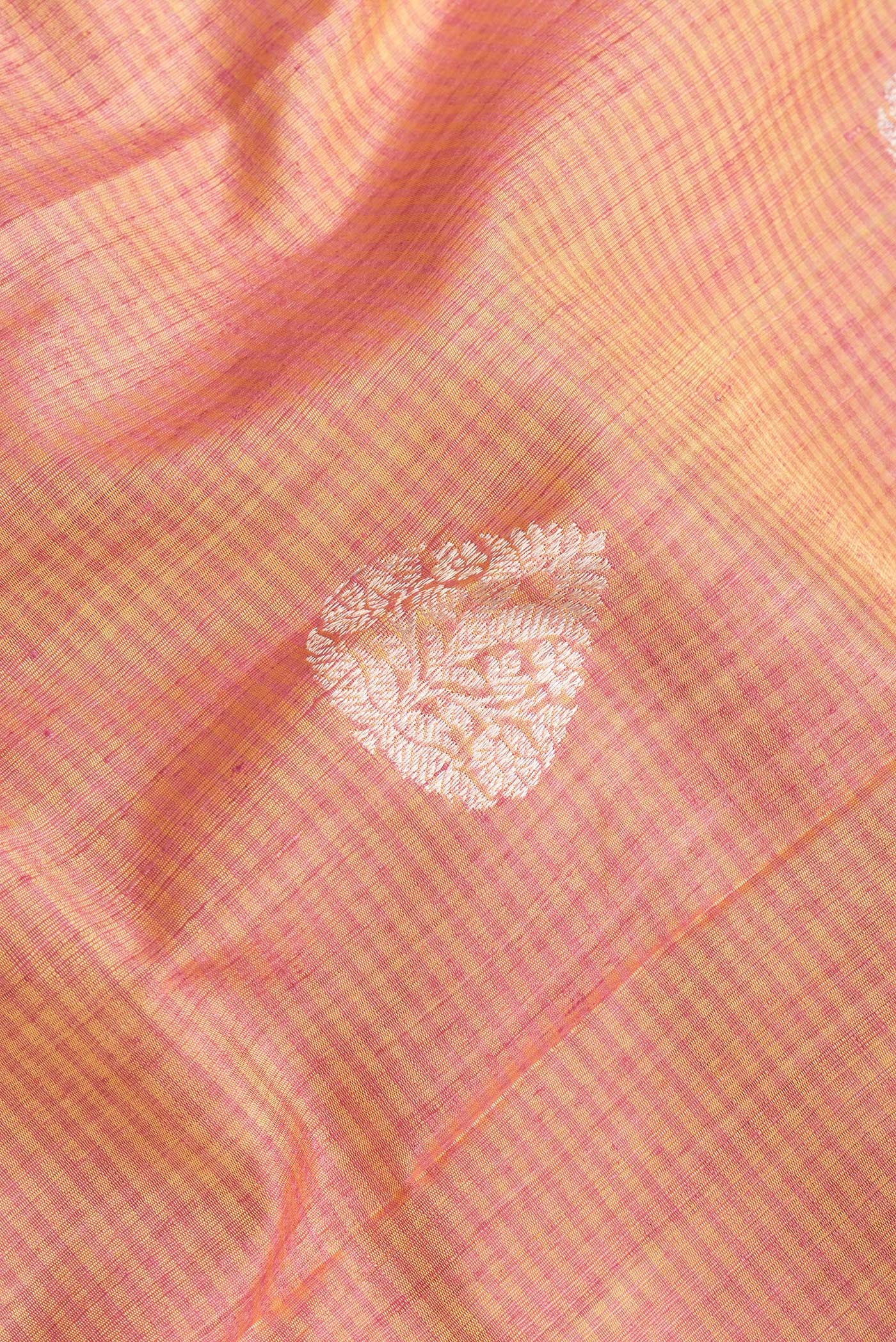 Close up of Sandal Dual Tone Raw Silk Saree with Zari Butta on the body and Thread Border.  displaying folds