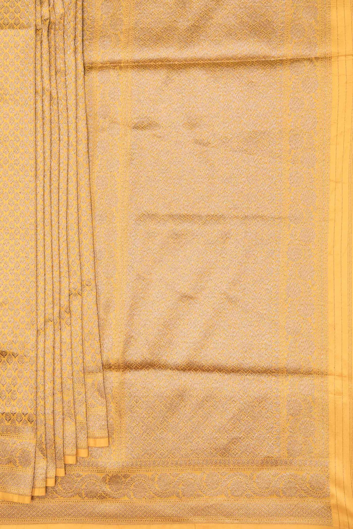 Pleats and pallu of Mustard Dual Tone Banarasi Silk Saree with Zari Brocade on the body and Zari Border