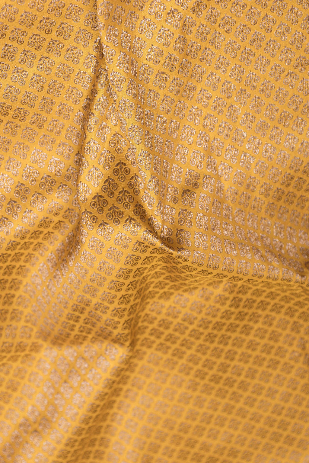 Close up of Yellow Dual Tone Banarasi Silk Saree with Zari Brocade on the body and Zari Border.  displaying folds