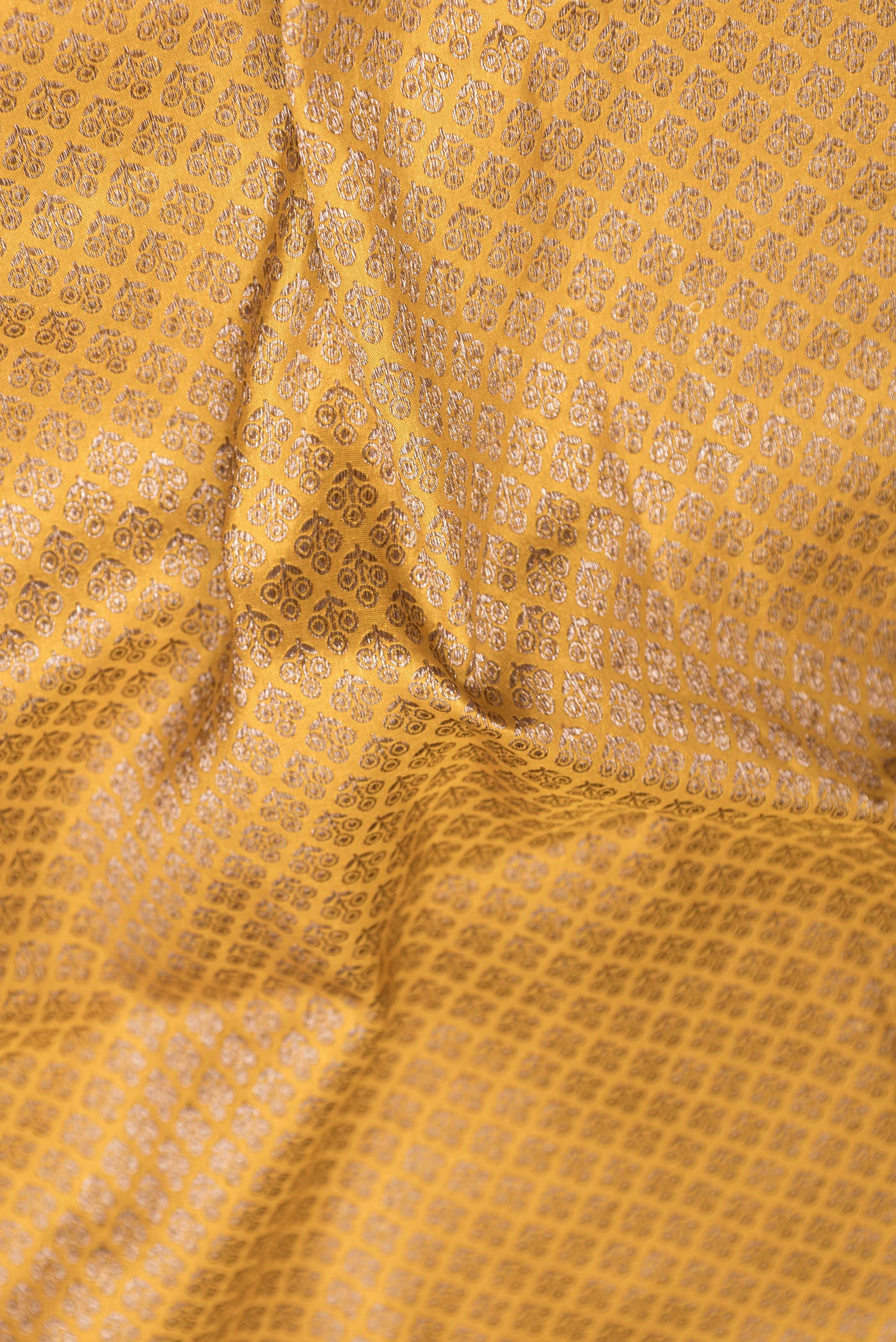 Close up of Yellow Dual Tone Banarasi Silk Saree with Zari Brocade on the body and Zari Border.  displaying folds