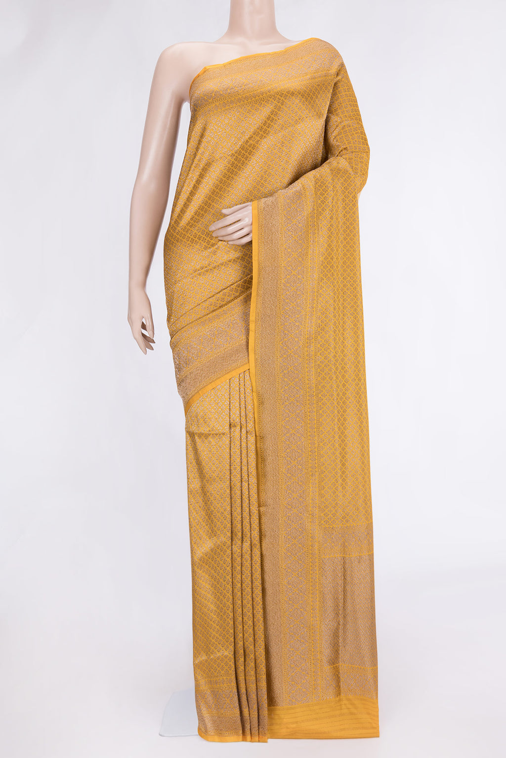 Yellow Dual Tone Banarasi Silk Saree with Zari Brocade on the body and Zari Border.  displayed on a mannequin