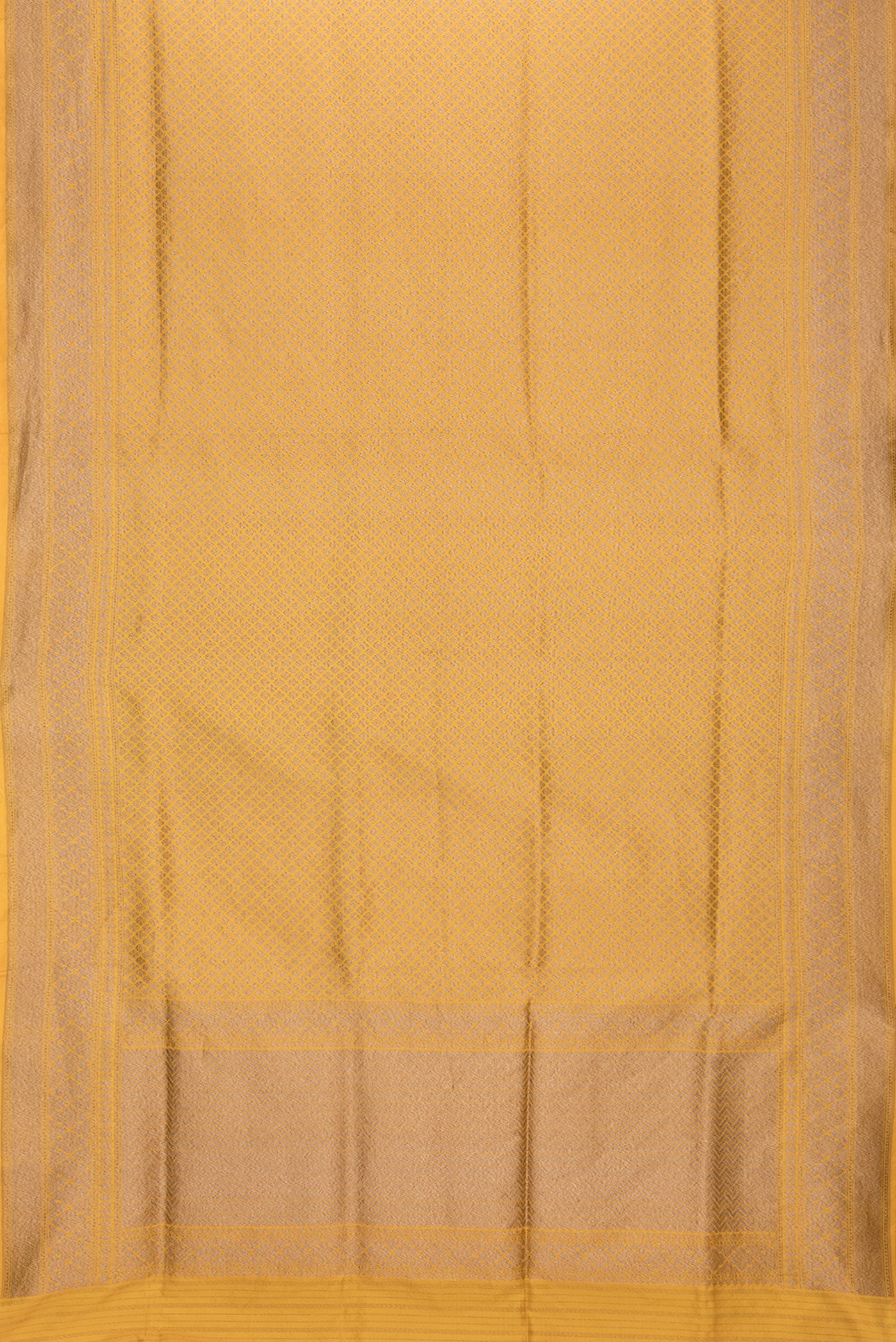 Flat view of Yellow Dual Tone Banarasi Silk Saree with Zari Brocade on the body and Zari Border. 