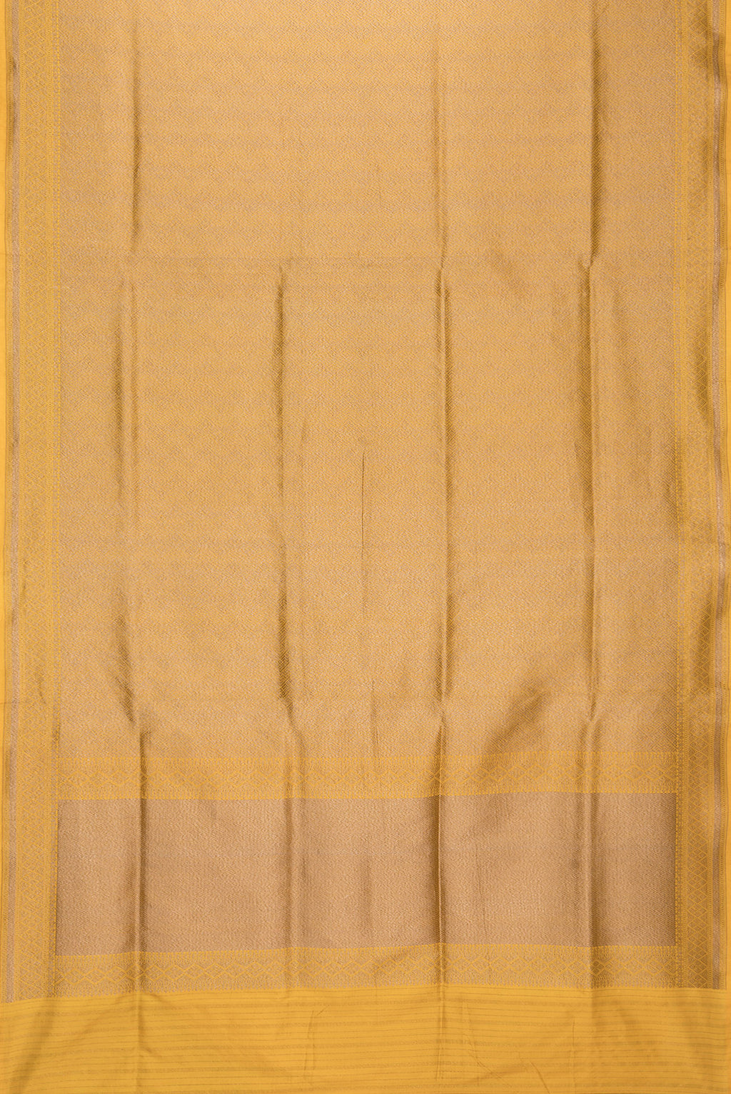 Flat view of Yellow Dual Tone Banarasi Silk Saree with Zari Brocade on the body and Zari Border. 