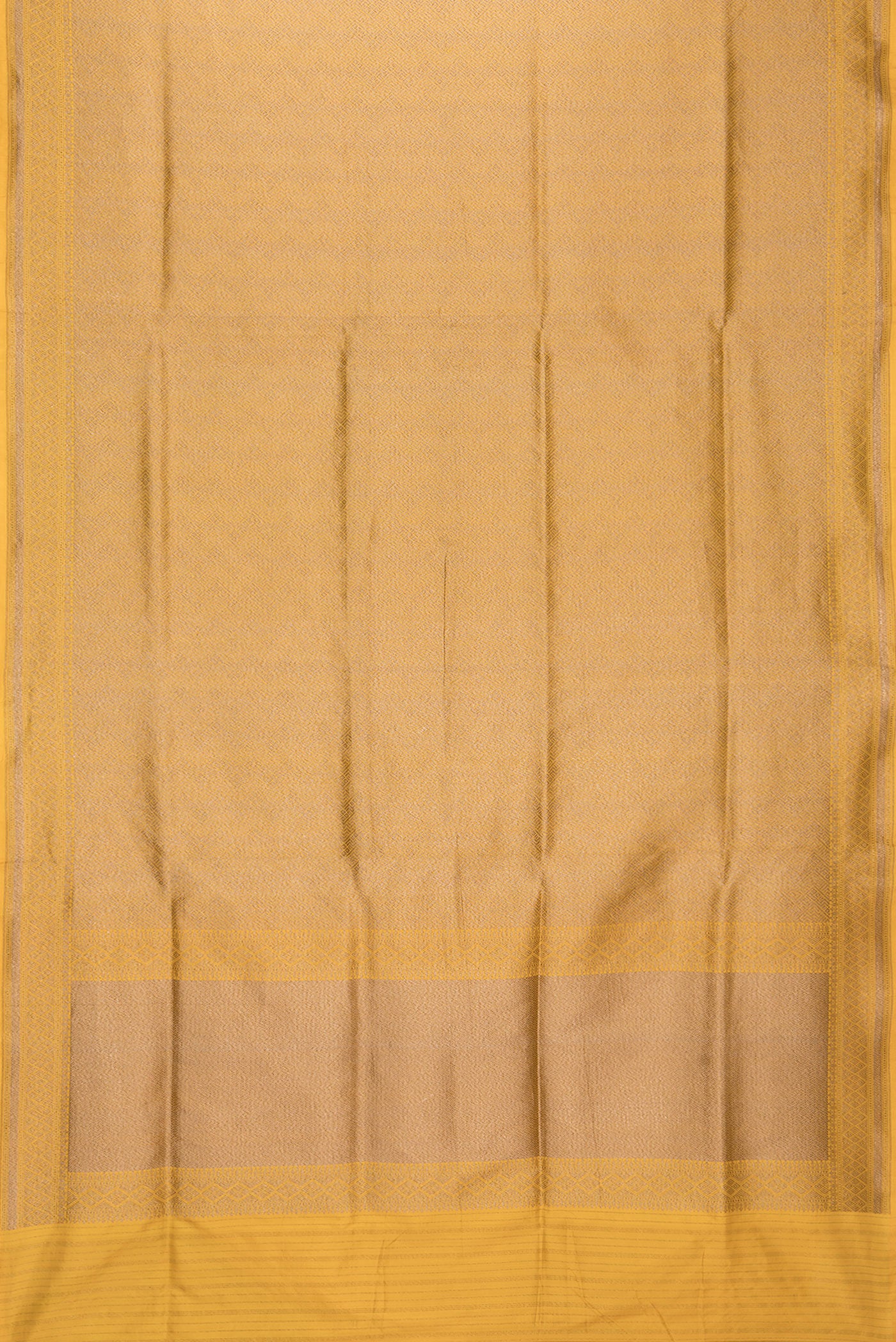 Flat view of Yellow Dual Tone Banarasi Silk Saree with Zari Brocade on the body and Zari Border. 