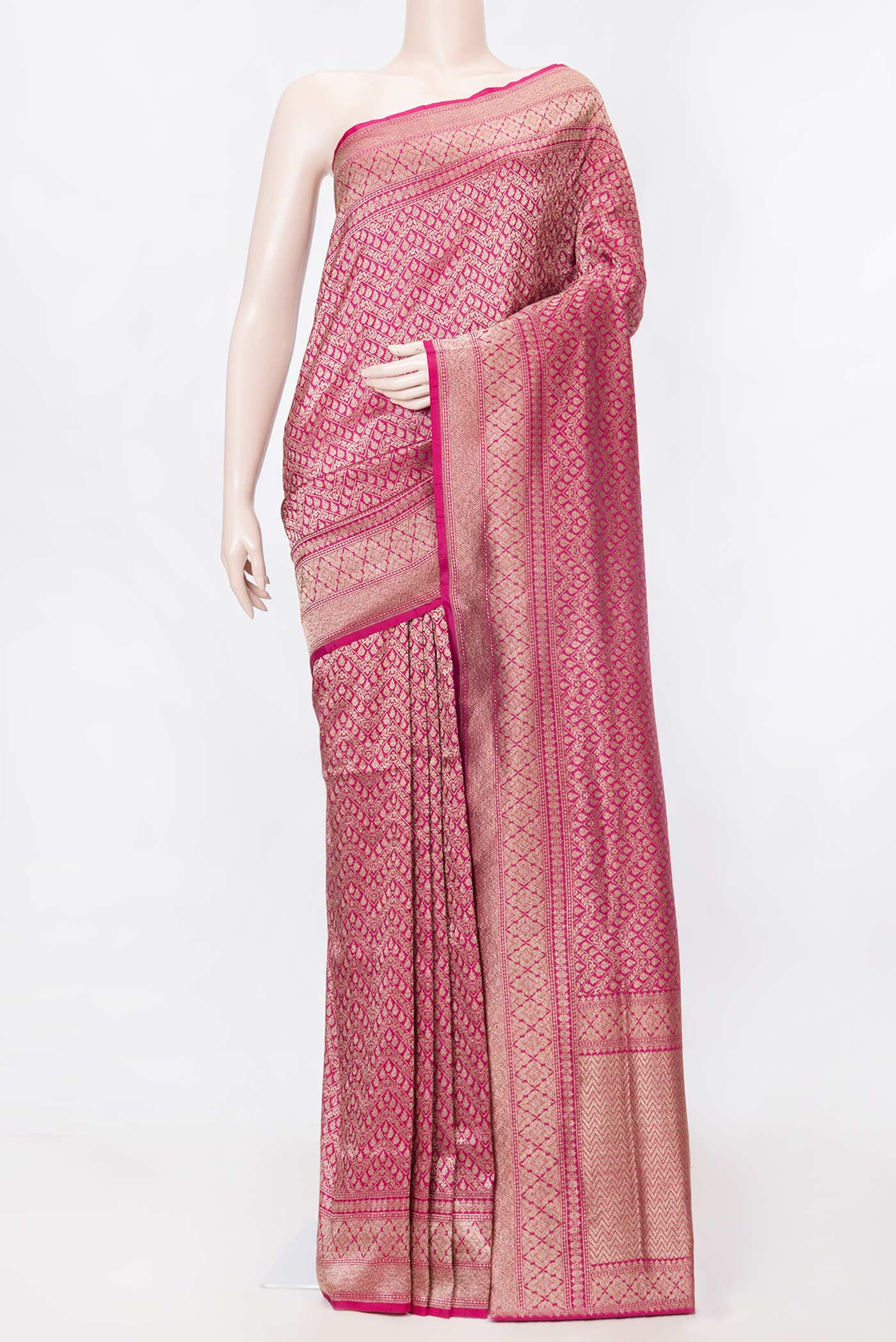 Dark Pink Dual Tone Banarasi Silk Saree with Zari Brocade on the body and Zari Border displayed on a mannequin