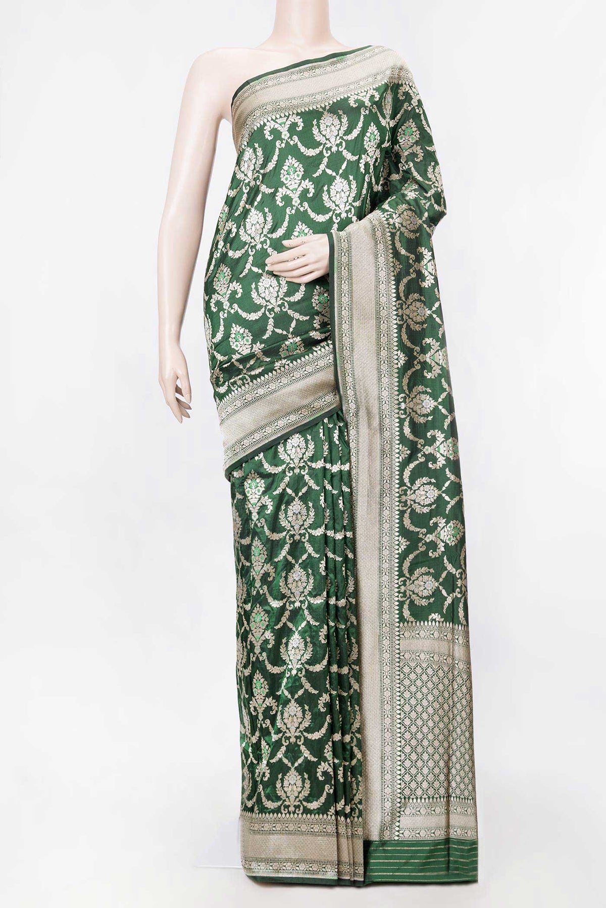 Green Dual Tone Banarasi Silk Saree with Zari Brocade on the body and Zari Border displayed on a mannequin