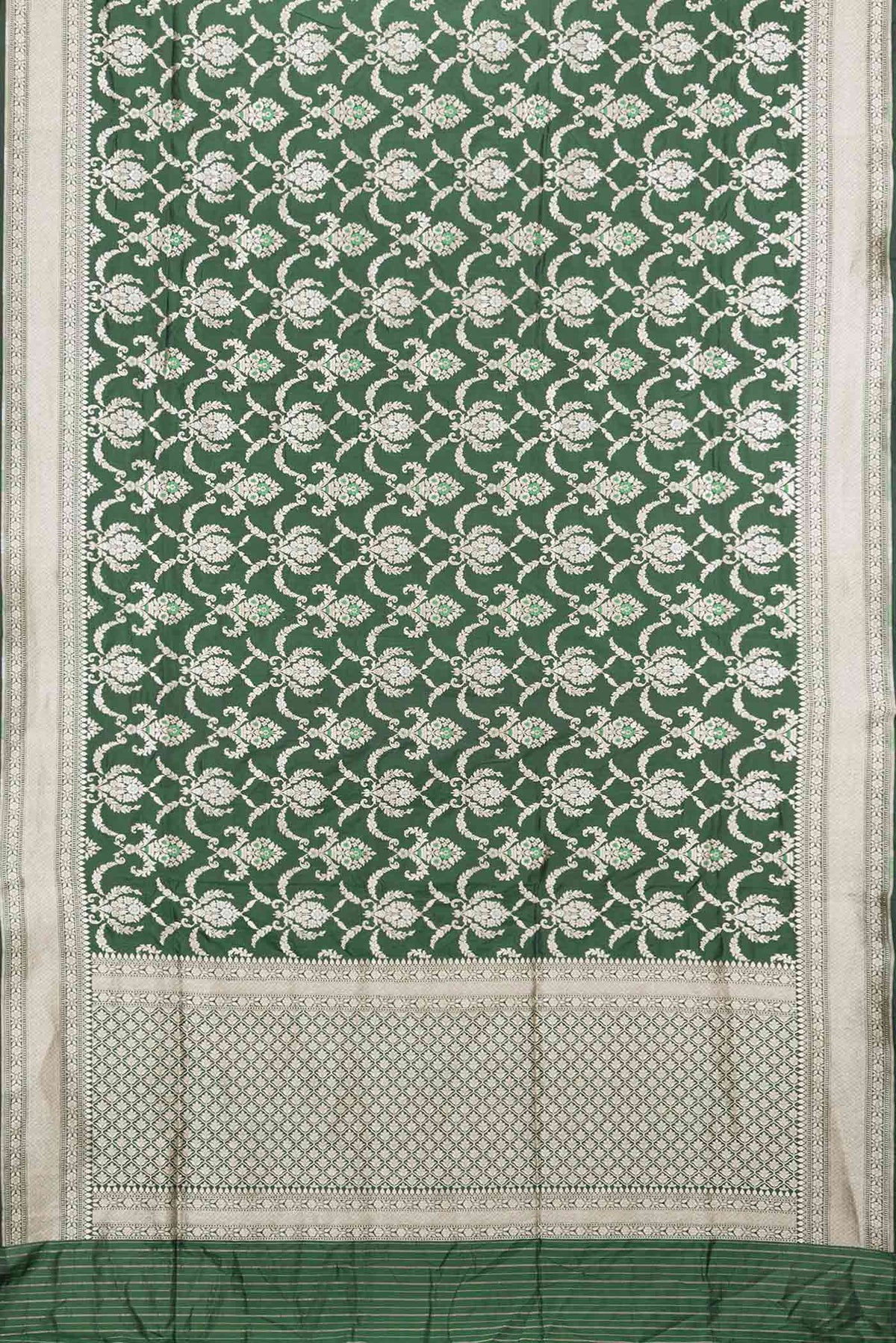 Flat view of Green Dual Tone Banarasi Silk Saree with Zari Brocade on the body and Zari Border