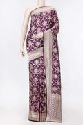 Burgundy Dual Tone Banarasi Silk Saree with Zari Brocade on the body and Zari Border displayed on a mannequin