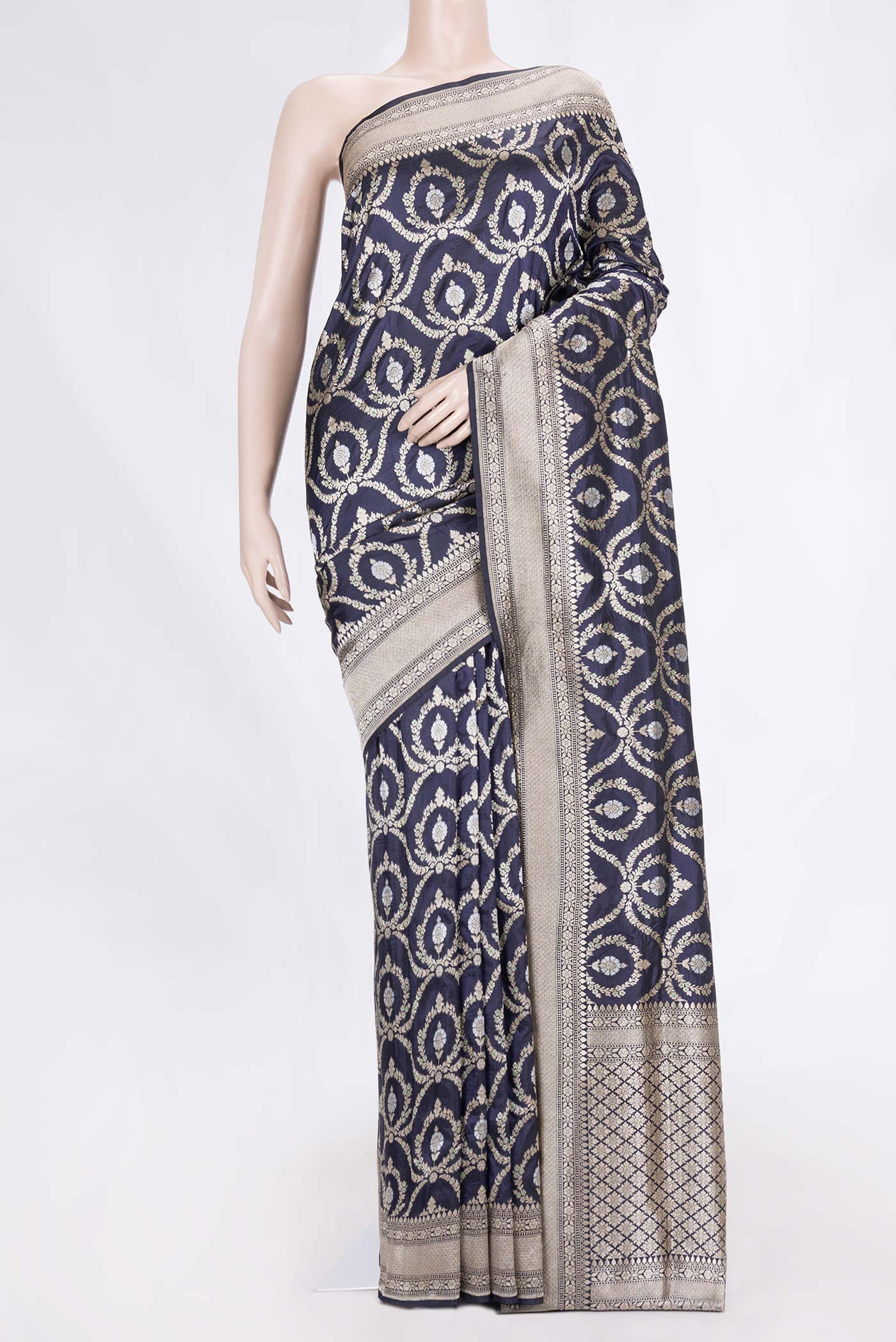 Navy Blue Dual Tone Banarasi Silk Saree with Zari Brocade on the body and Zari Border displayed on a mannequin