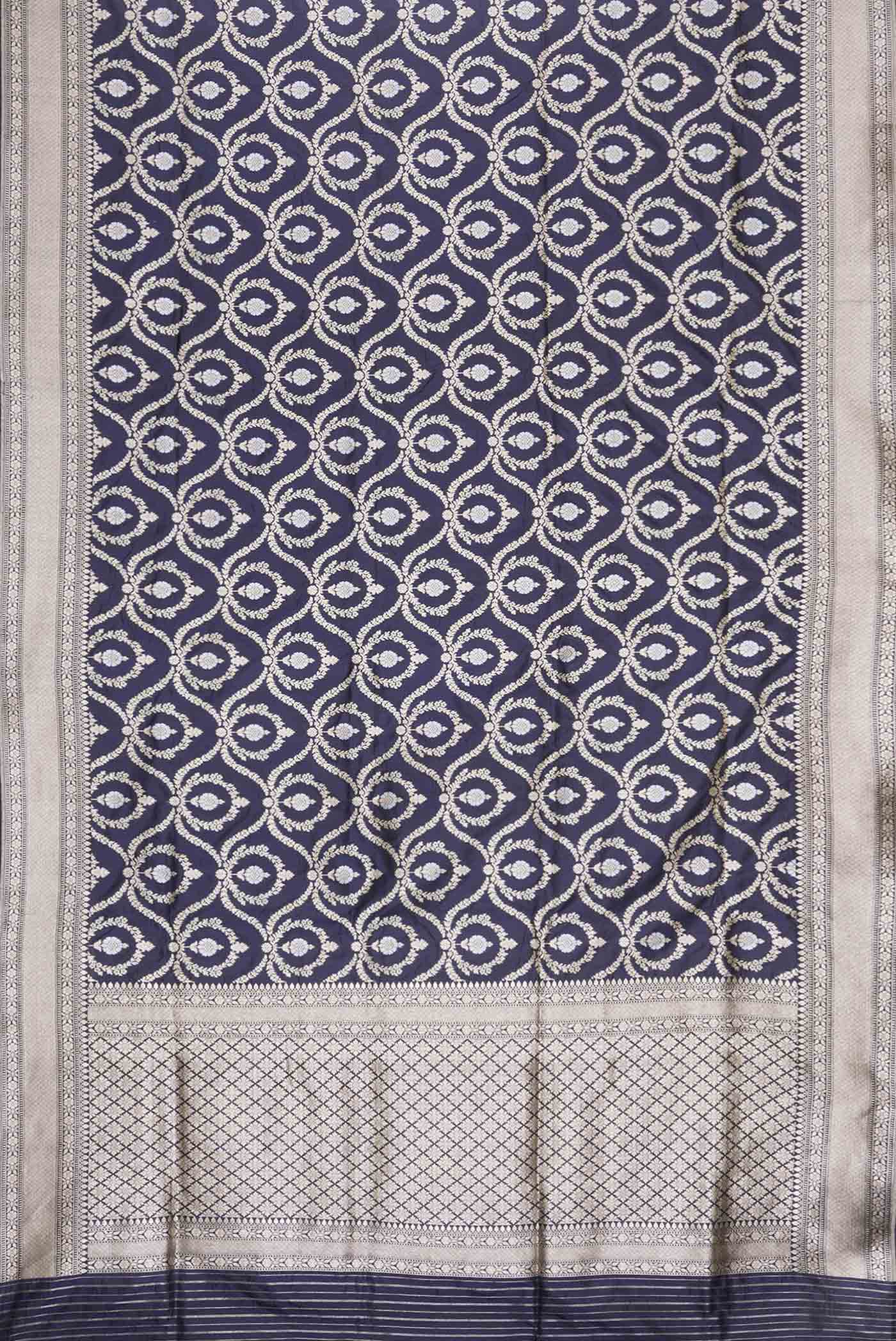Flat view of Navy Blue Dual Tone Banarasi Silk Saree with Zari Brocade on the body and Zari Border