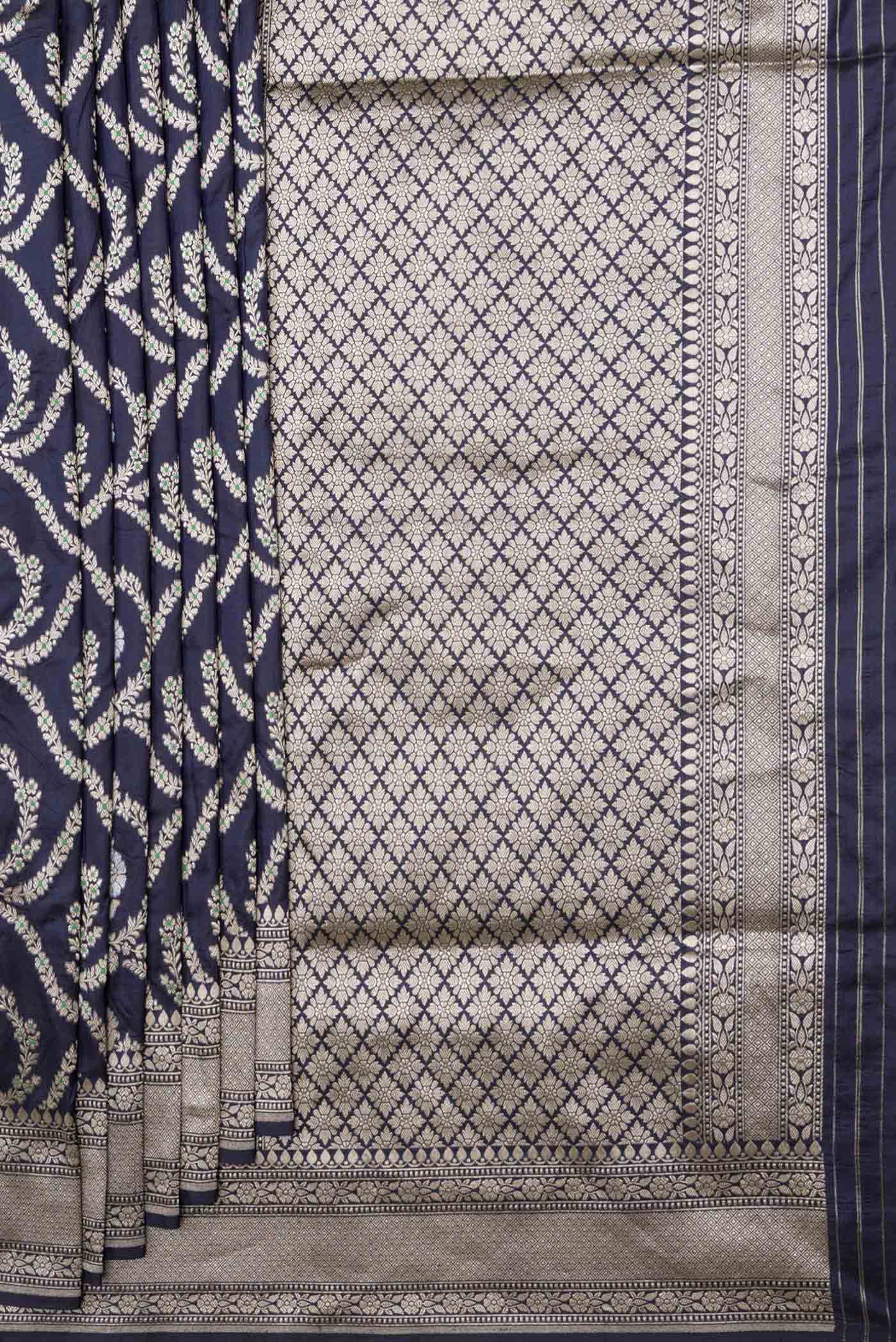Pleats and pallu of Navy Blue Dual Tone Banarasi Silk Saree with Zari Brocade on the body and Zari Border