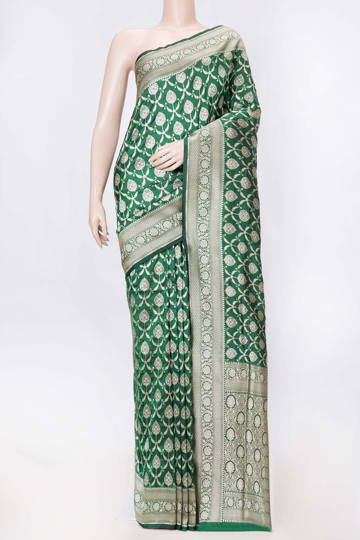 Green Dual Tone Banarasi Silk Saree with Zari Brocade on the body and Zari Border displayed on a mannequin
