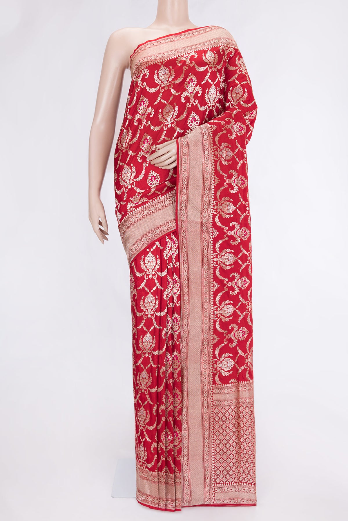 Red Dual Tone Banarasi Silk Saree with Zari Brocade on the body and Zari Border.  displayed on a mannequin