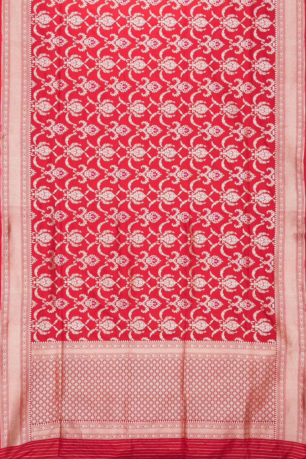 Flat view of Red Dual Tone Banarasi Silk Saree with Zari Brocade on the body and Zari Border. 