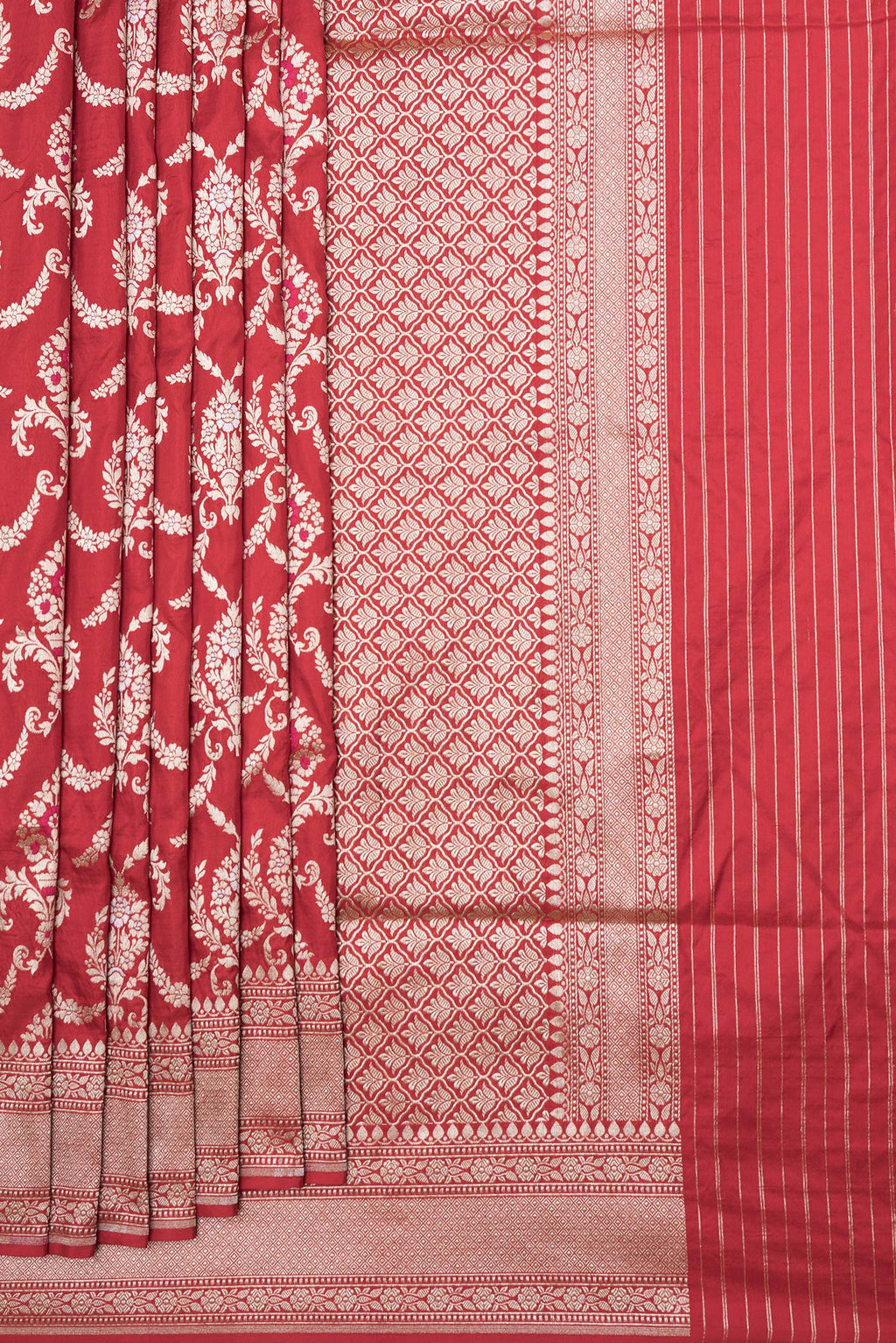 Pleats and pallu of Red Dual Tone Banarasi Silk Saree with Zari Brocade on the body and Zari Border. 