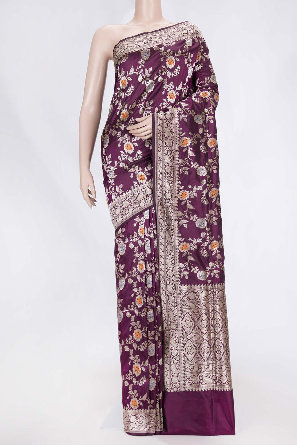 Purple Banarasi Silk Saree with Zari Brocade on the body and Zari Border displayed on a mannequin
