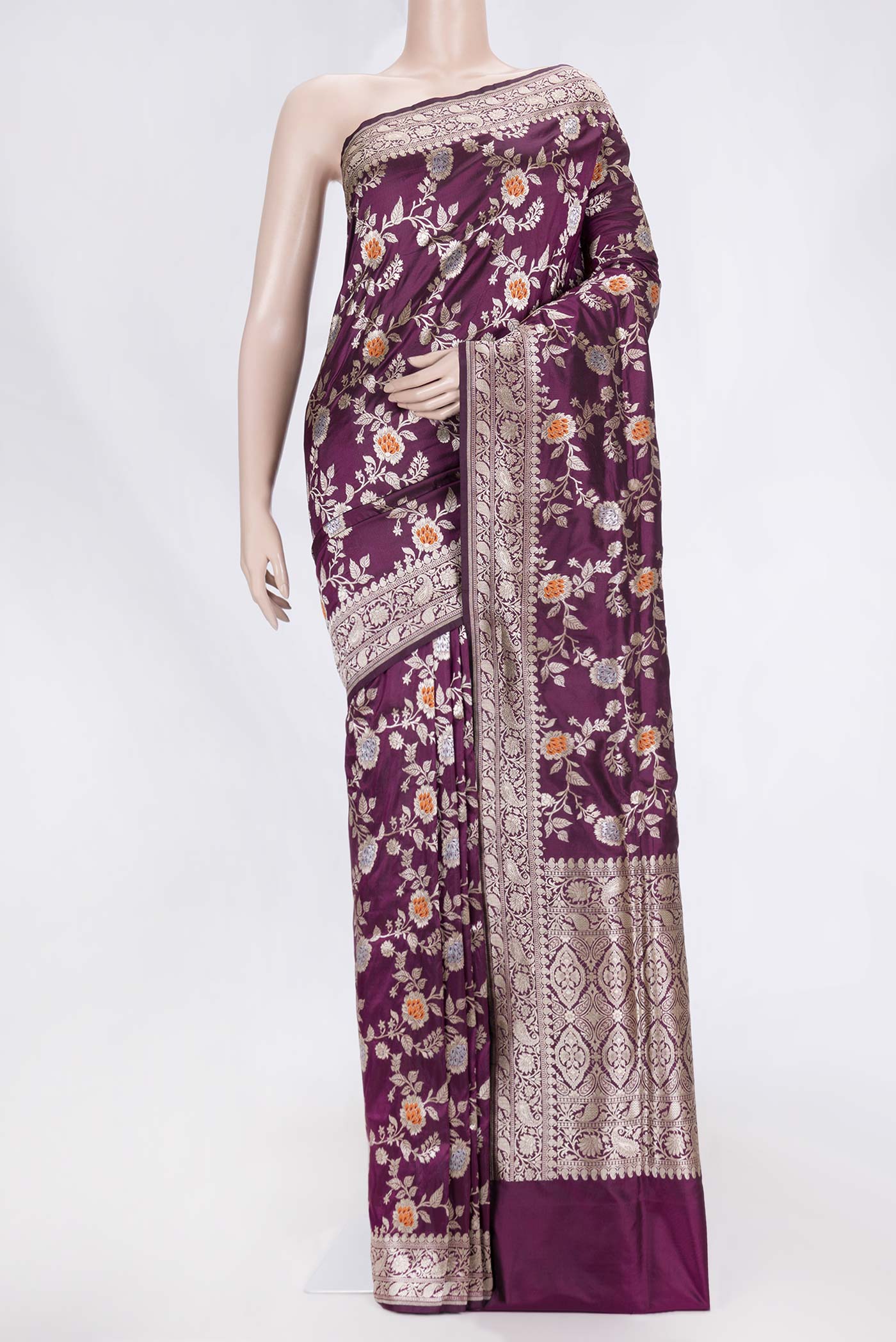 Purple Banarasi Silk Saree with Zari Brocade on the body and Zari Border displayed on a mannequin