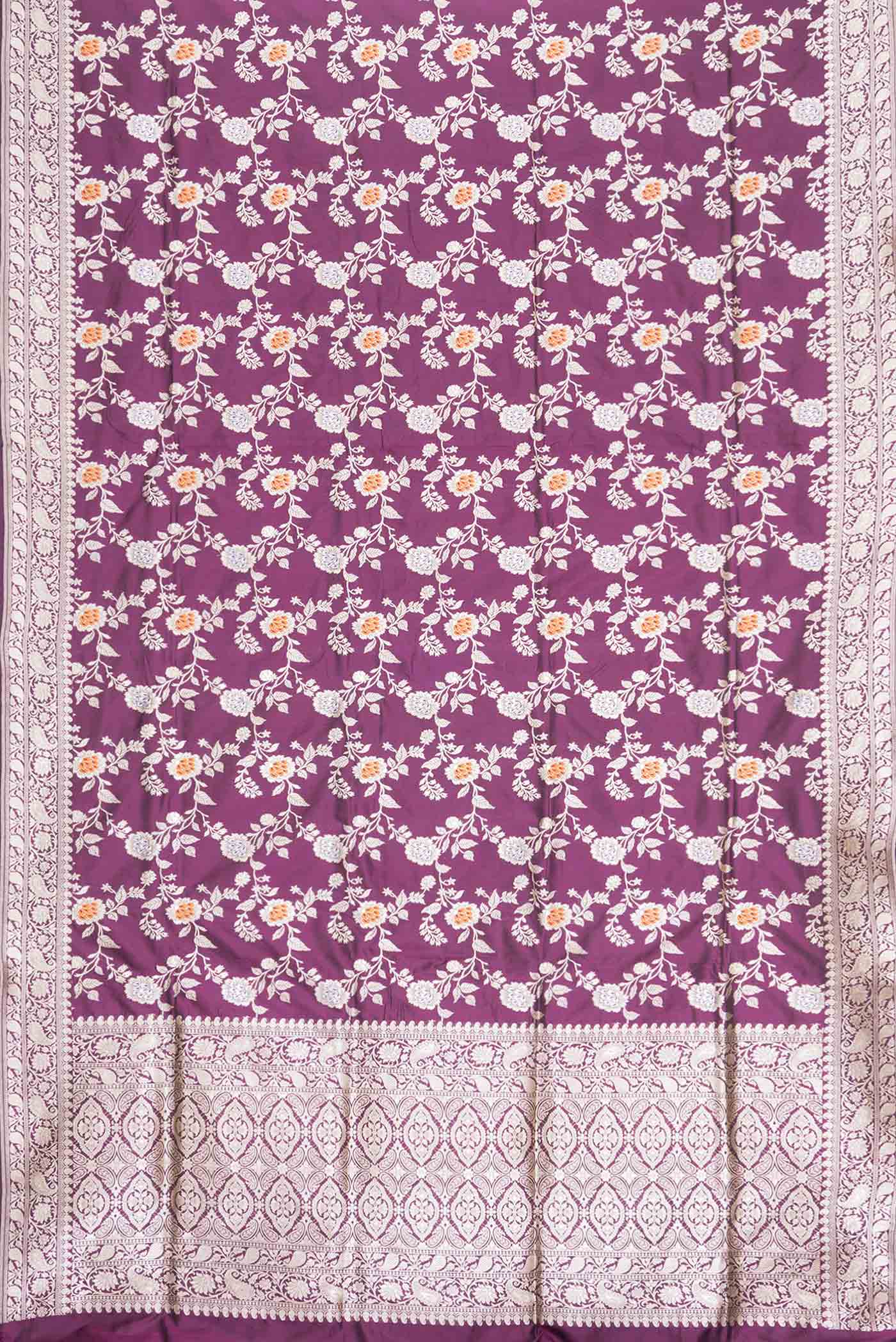 Flat view of Purple Banarasi Silk Saree with Zari Brocade on the body and Zari Border