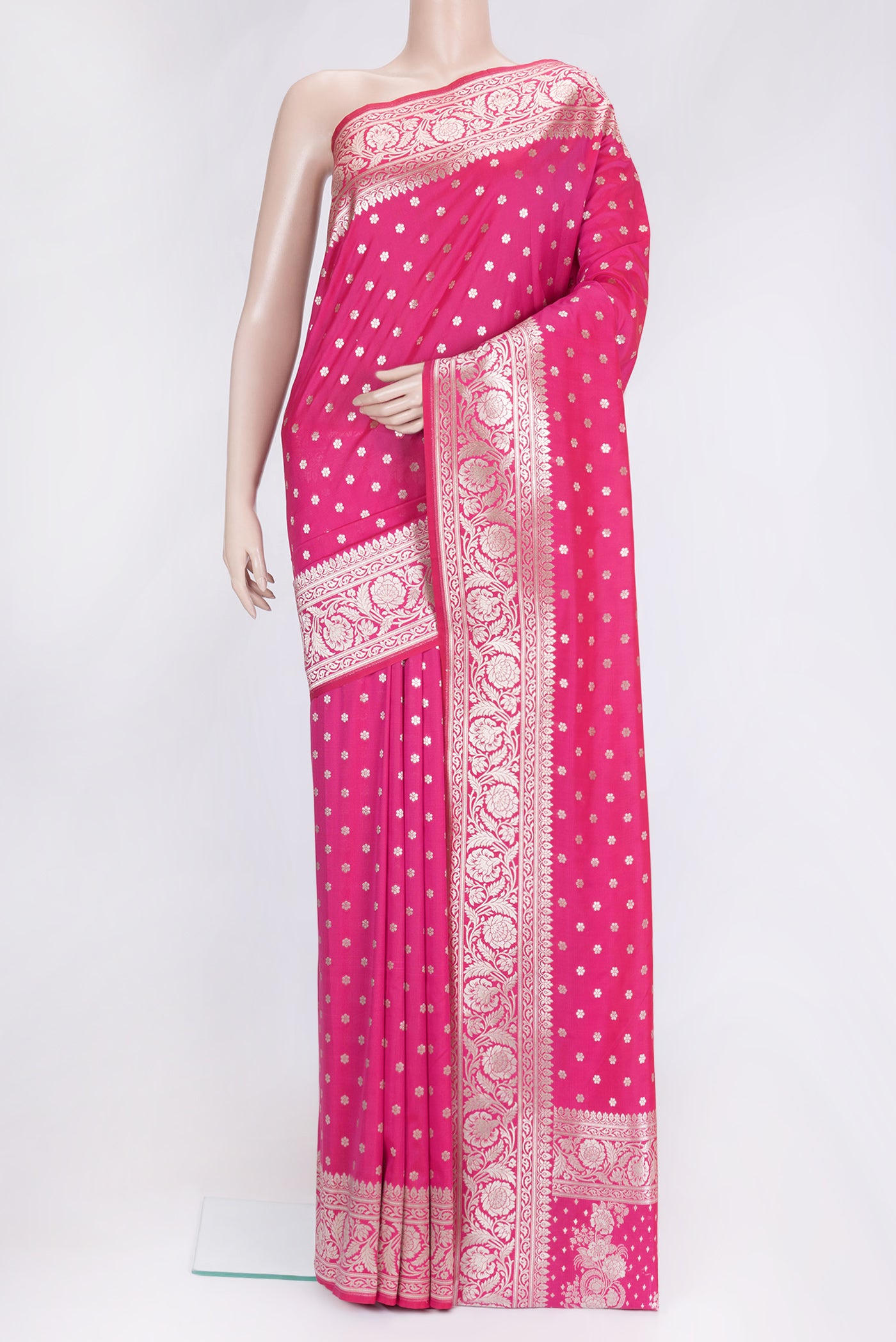 Pink Dual Tone Blended Banarasi Silk Saree with Zari Butta on the body and Zari Border.  displayed on a mannequin