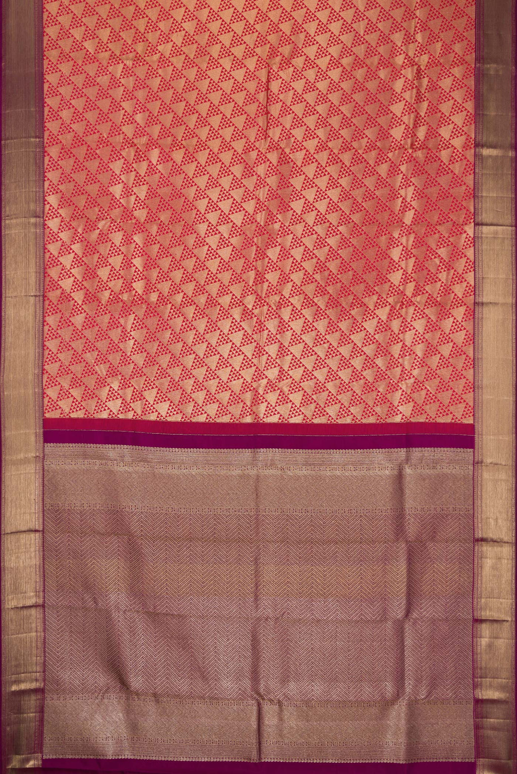Flat view of Red Dual Tone Kanchipuram Silk Saree with Zari Brocade on the body and Zari Border. 
