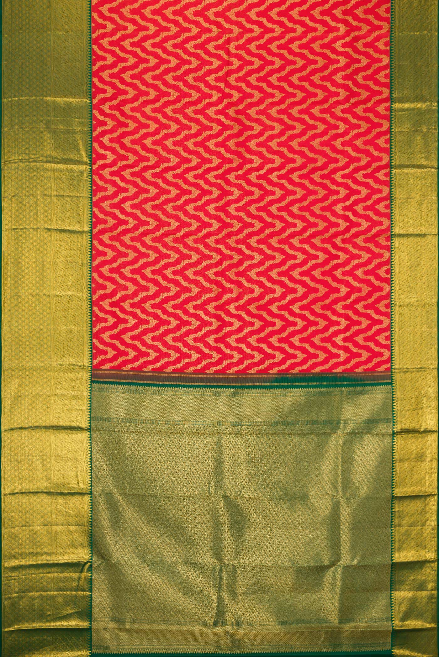 Flat view of Red Dual Tone Kanchipuram Silk Saree with Zari Brocade on the body and Zari Border. 