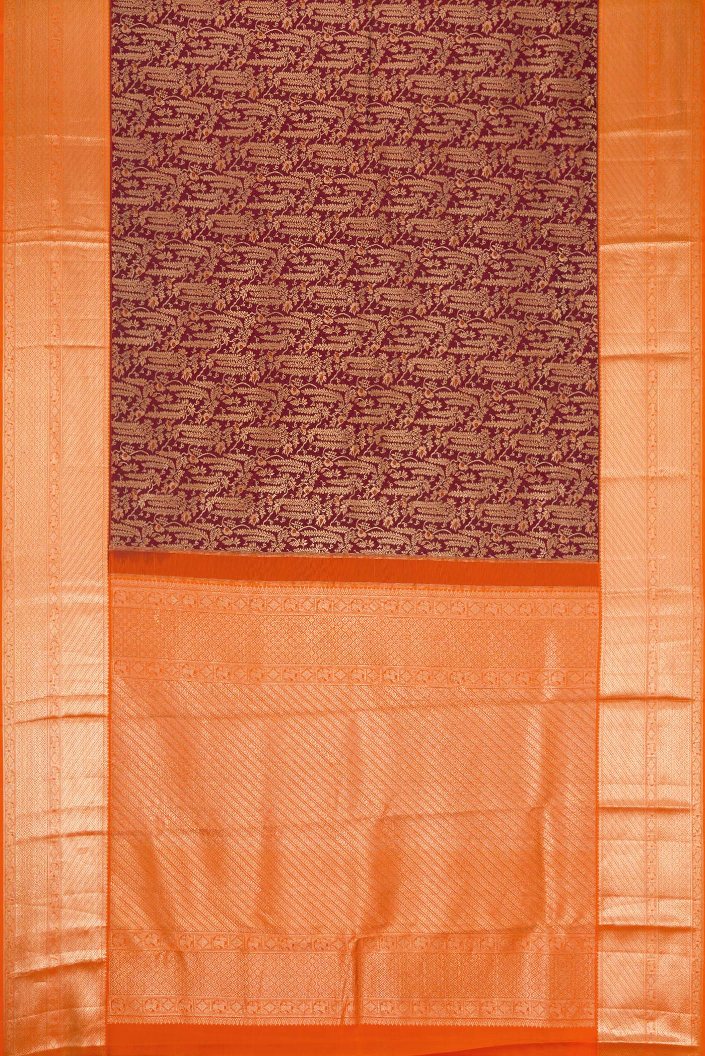 Flat view of Brown Dual Tone Kanchipuram Silk Saree with Zari Brocade on the body and Zari Border. 