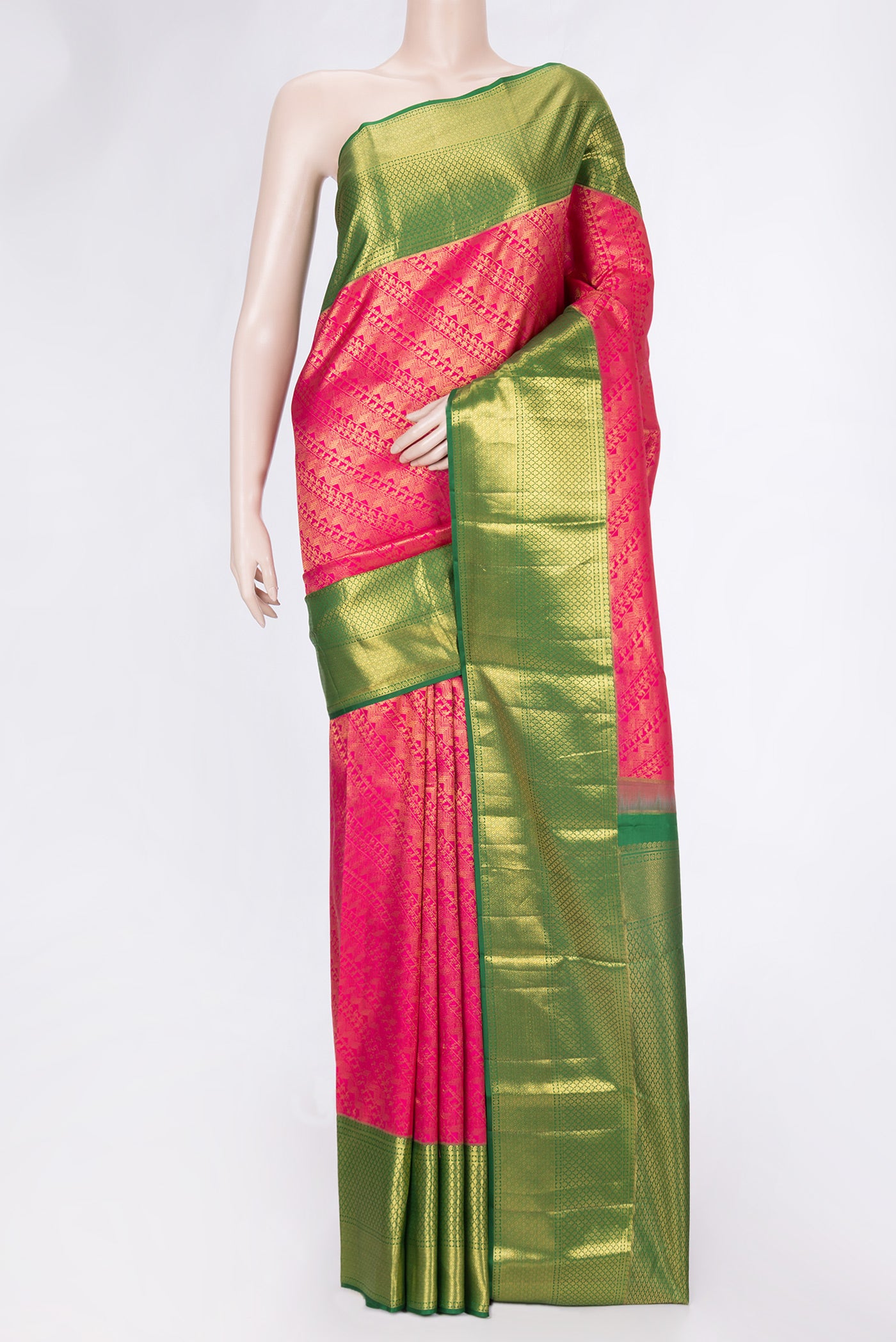 Pink Dual Tone Kanchipuram Silk Saree with Zari Brocade on the body and Zari Border.  displayed on a mannequin