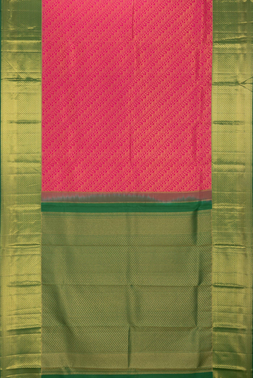 Flat view of Pink Dual Tone Kanchipuram Silk Saree with Zari Brocade on the body and Zari Border. 
