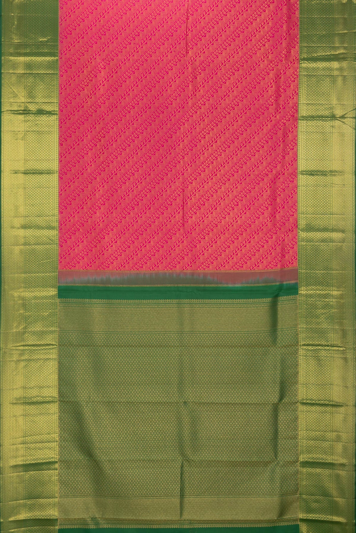 Flat view of Pink Dual Tone Kanchipuram Silk Saree with Zari Brocade on the body and Zari Border. 