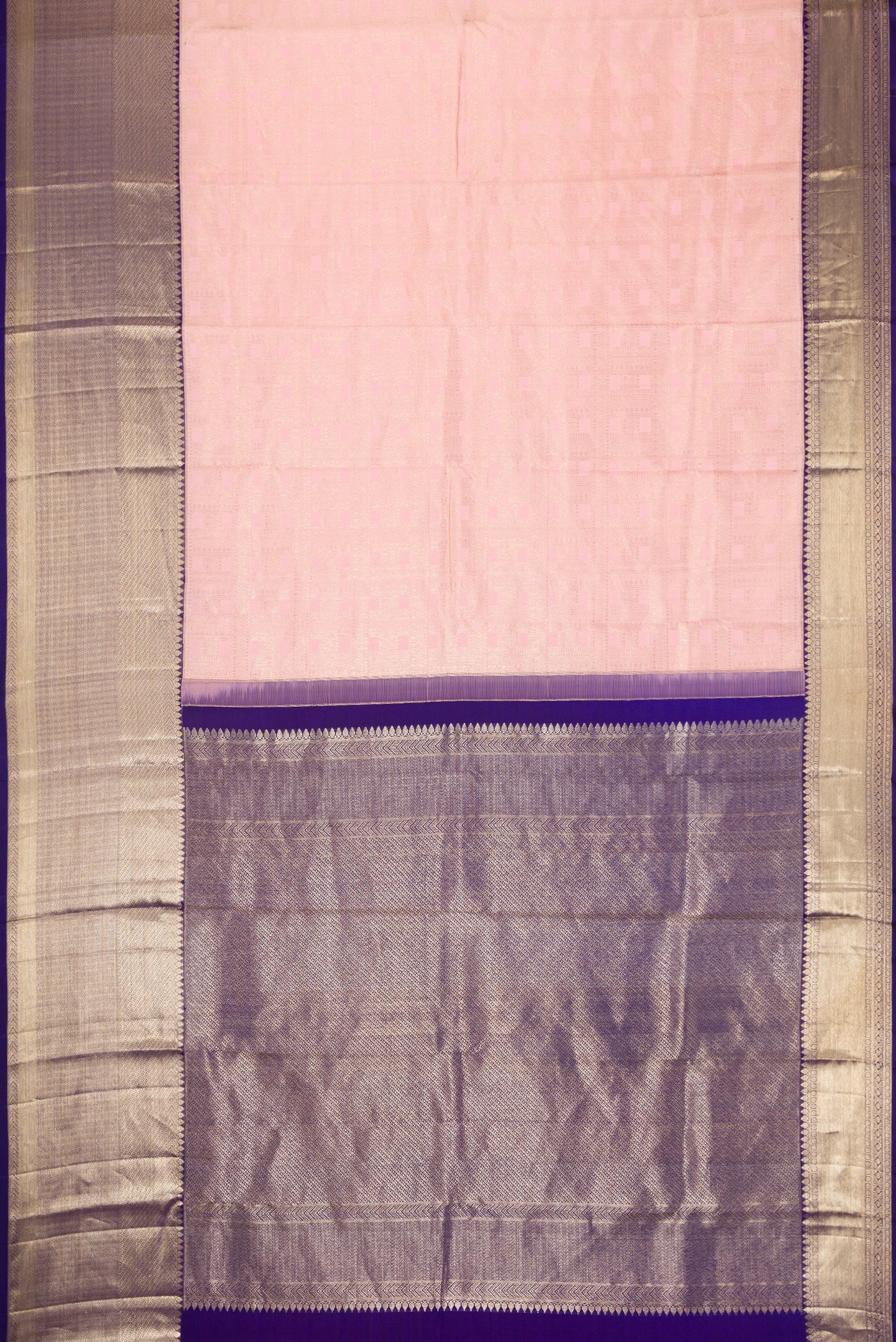 Flat view of Pink Dual Tone Kanchipuram Silk Saree with Zari Brocade on the body and Zari Border. 