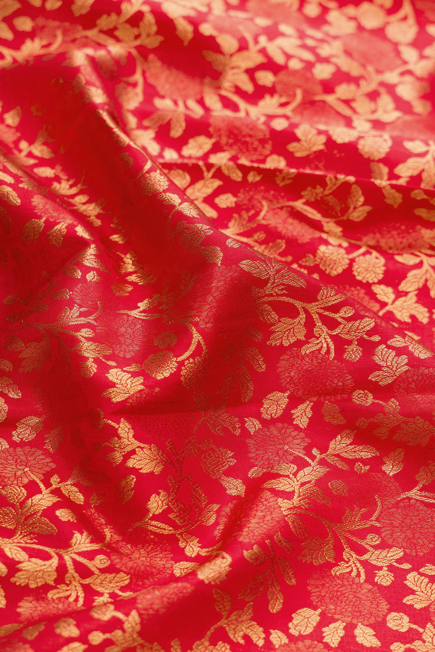 Close up of Red Dual Tone Kanchipuram Silk Saree with Zari Brocade on the body and Zari Border.  displaying folds